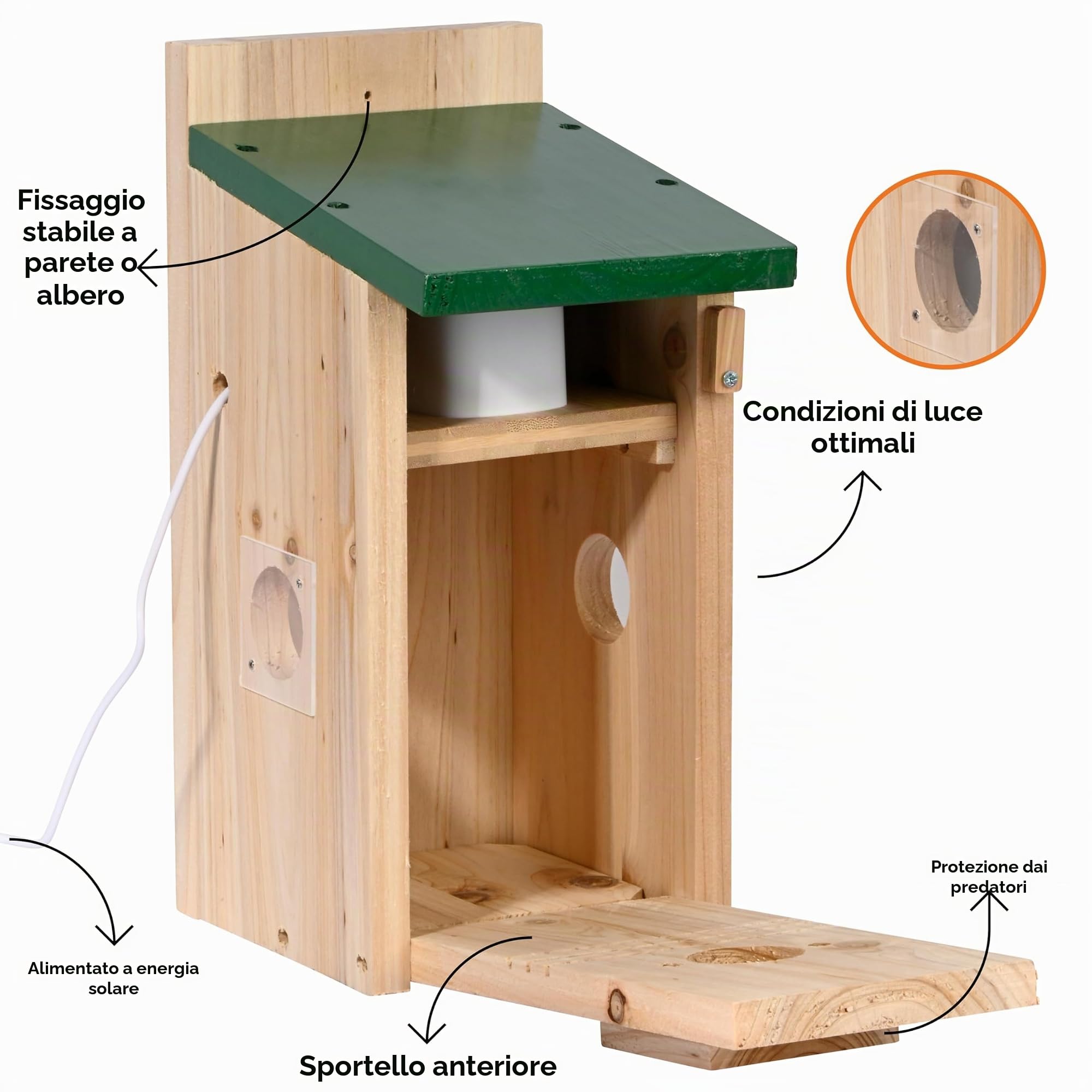 dobar® Nido Eazy con telecamera WiFi e pannello solare – Birdwatching con supporto per nidificazione in legno e app – Ø 30 mm foro – verde