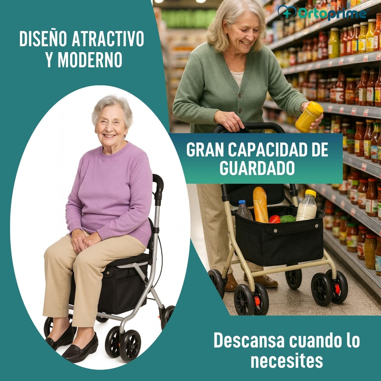 OrtoPrime Andador para Ancianos Plegable con CARRO DE LA COMPRA - Rollator 4 Ruedas Carrito de la compra Plegable Caminadores para Mayores - Andadores Adultos Asiento con Cesta y Ruedas 360º