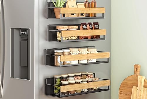 SONGMICS Magnetic Bamboo Spice Rack for Refrigerator, 4 Pack, 2