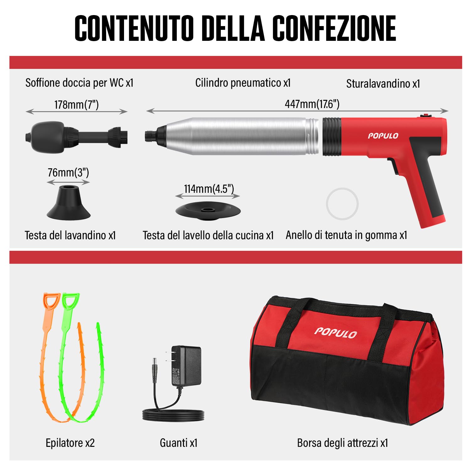 POPULO Stantuffo elettrico per WC Swift, ad alta pressione, per bagno, pavimenti, doccia, resistente, versatile, per la rimozione degli intasamenti del WC domestico