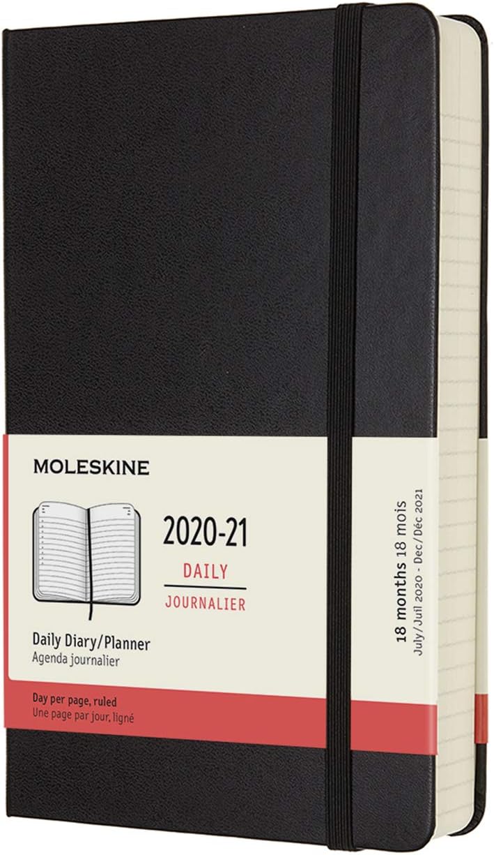 Moleskine - 18-Month Daily Planner/Diary, Planner 2020/2021, Daily Planner with Hard Cover and Elastic Closure, Size Large 13 x 21 cm, Colour Black, 608 Pages