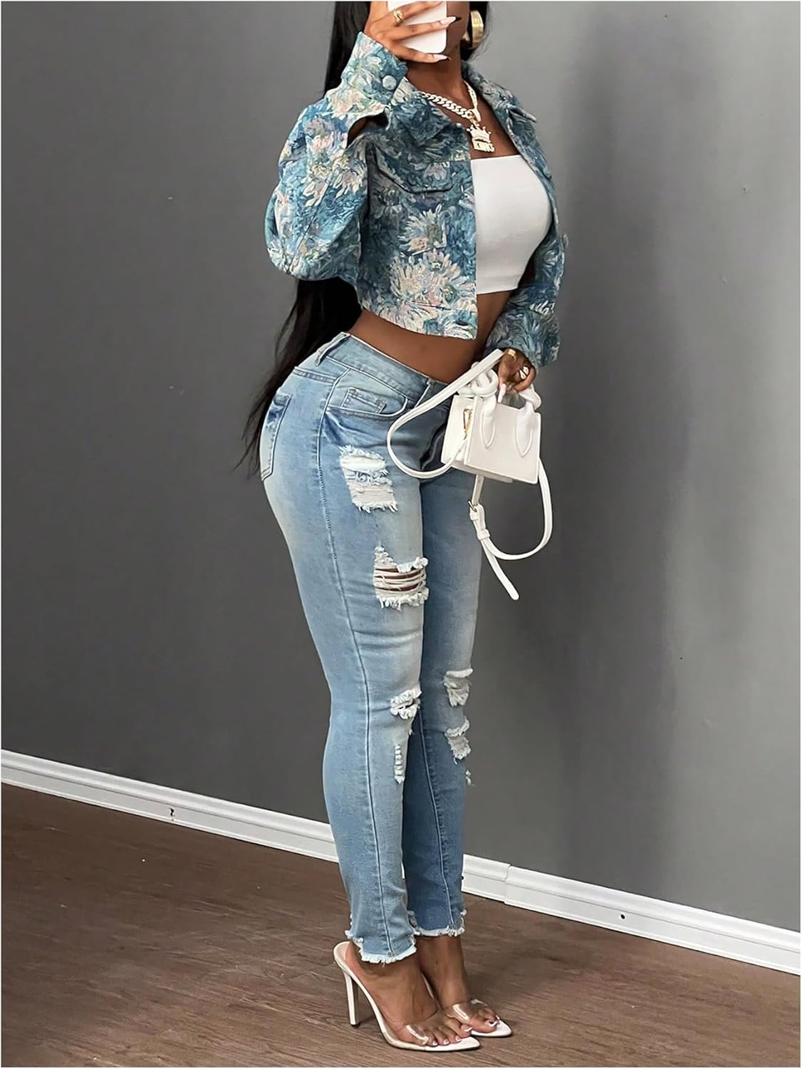 WDIRARA Women's Floral Button Down Cropped Jacket Long Sleeve Collared Outerwear - Image 5