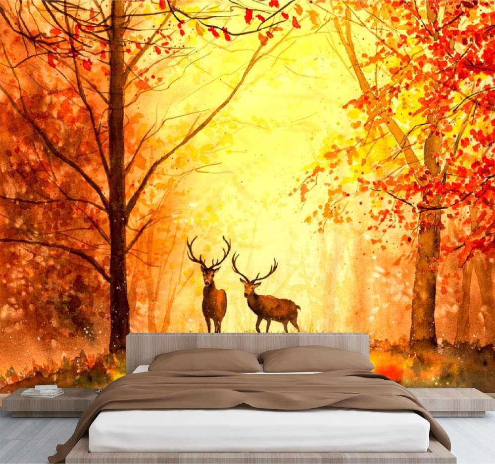 Mural de pared Animal Ciervo Papel pintado fotográfico grande Otoño Del Bosque Vinilos murales impermeables para dormitorio infantil guardería decoración de fiesta 200x140cm
