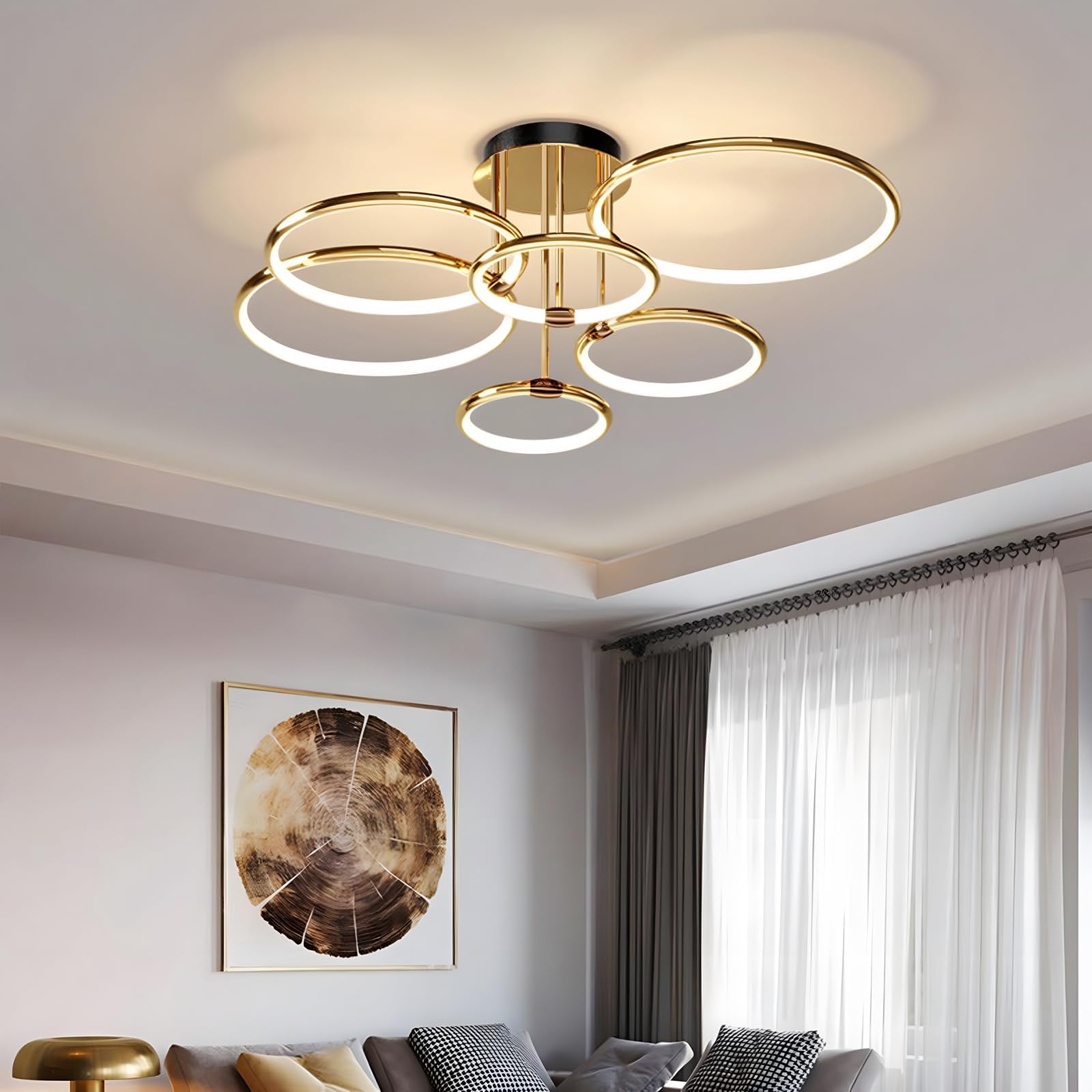 LED Plafoniera, Ø105cm Lampadario Cerchio In Metallo Dorato, 145W Dimmerabile Continuo 3000-6000K, Lampadario Rotondo Moderno In Placca Camera Letto Soggiorno Bambini Ufficio Studio (6 Anelli)