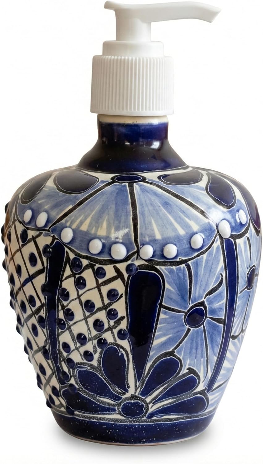 Talavera Ceramic Soap & Lotion Dispenser – Hand-Painted Mexican Pottery for Kitchen & Bathroom – Lead-Free, Rust-Proof Pump – Easy Refill – Unique Multicolor Design - Jabonera Blue and White Pera