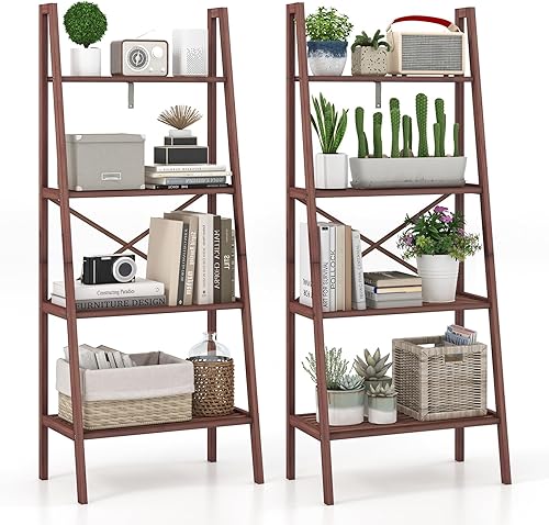 Miniatura 10 de Tangkula Estantería de escalera de bambú de 4 niveles soporte de exhibición de plantas independiente con dispositivo anti-inclinación estante de