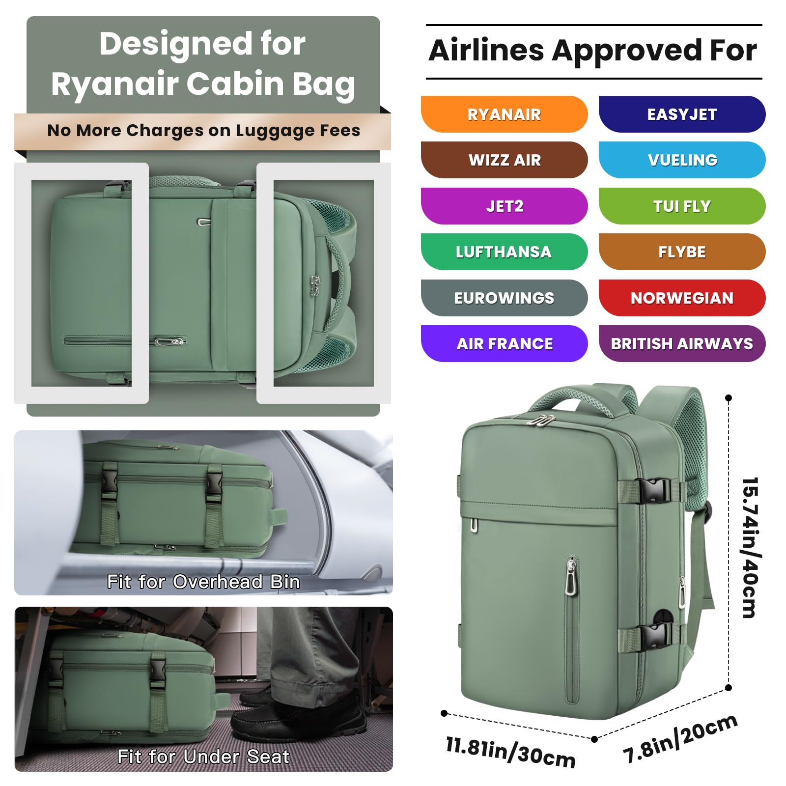 OTAHGK Bagage Cabine 40 x 30 x 20 pour Ryanair, Sac à Dos de Voyage Bagage à Main Avion Sac à Main sous Le Siège Valise Décontracté École Bureau Sac Ordinateur Portable -Vert