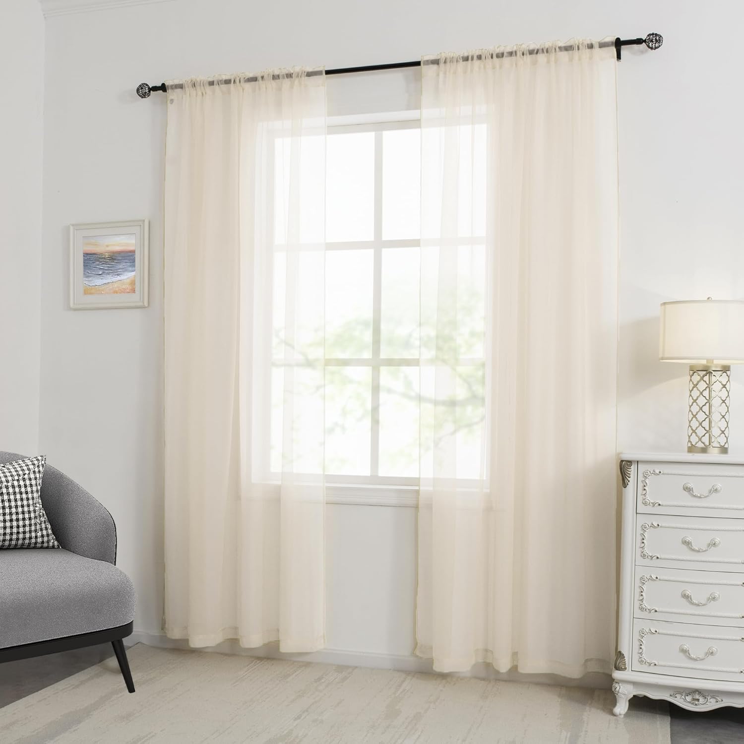 HUTO Peach Cream Beige Sheer Curtains 84 Inches Long Rod Pocket Ivory Sheer Voile Window Treatment Drapes Curtains for Living Room Bedroom,2 Panels 52 by 84 Inch Length
