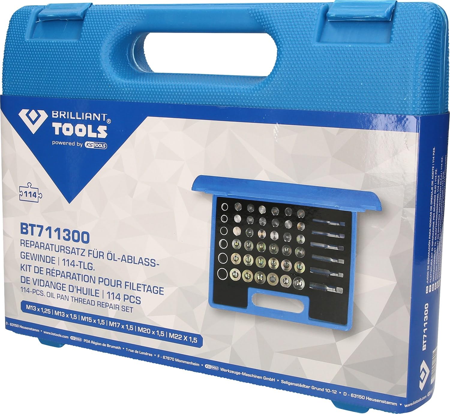 BRILLIANT TOOLS BT711300 Kit di riparazione per filettatura vite di scarico olio, 114 pz [Powered by KS TOOLS]