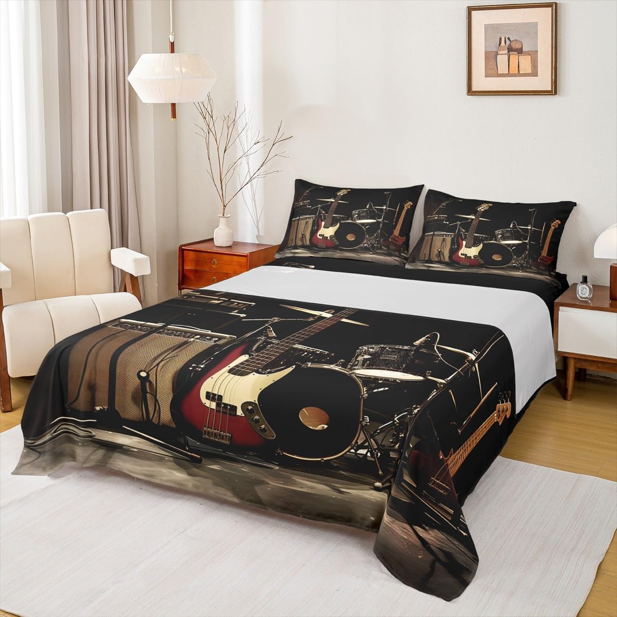 Castle Fairy 3D Drum Bed Sheet Sets for Kids Boys Teens Adults,Musical Instrument Fitted Sheet Queen,Rock Roll Music Bedding Sheet Set with Deep Pocket for Bedroom Living Room image 2