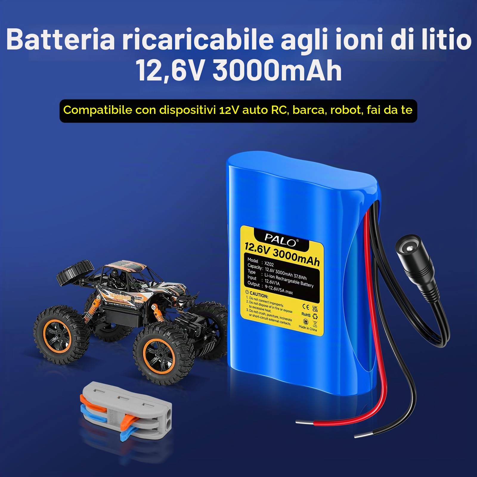 Batteria agli ioni di litio 12,6V 3000 mAh con caricabatterie e 2 linee di collegamento per pannello solare, radio, fotocamere, videocamere, lampada da lettura fai da te, telescopi, sonar