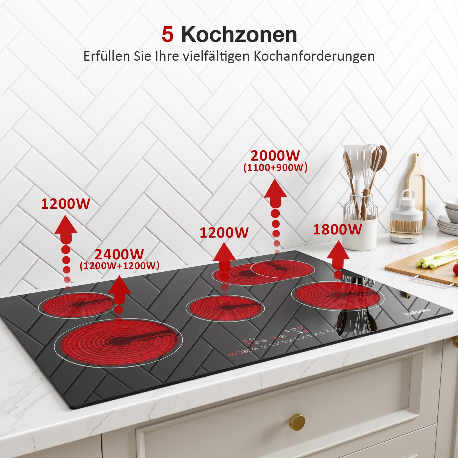 Glaskeramikkochfeld 5 Platten 77cm 8600W 5 Zonen IsEasy Einbau Kochfeld