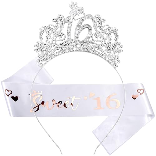 CIEHER Decoraciones de cumpleaños de 16 años  Banda de 16 y corona de cumpleaños de 16 años para niñas, tiara plateada de 16 cumpleaños para niñas,