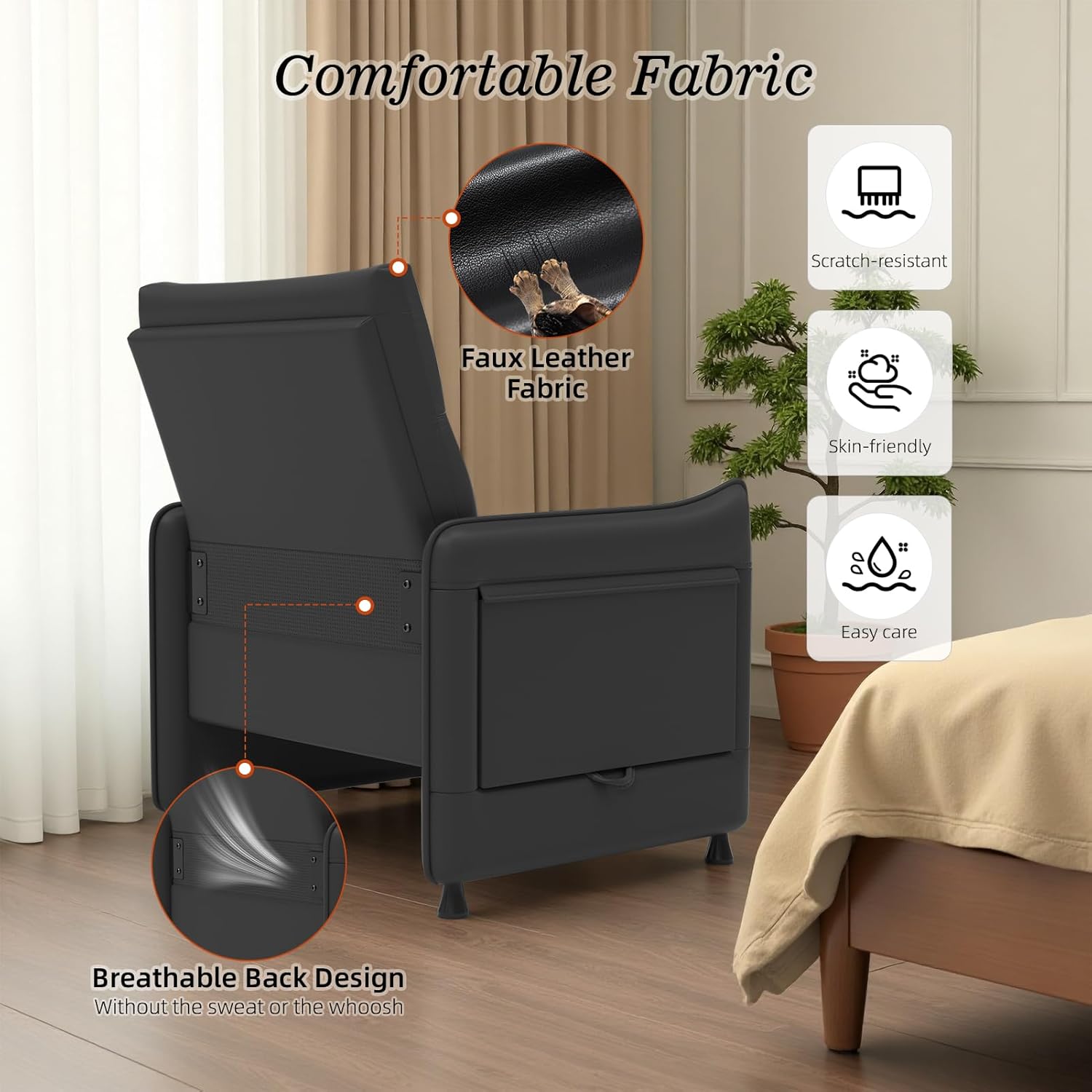 Faux Leather Accent Sofa Chair for Living Room with Flip-Up Tray Table, Side Pocket, Ergonomic Soft Backrest & Elastic Cushion,Black