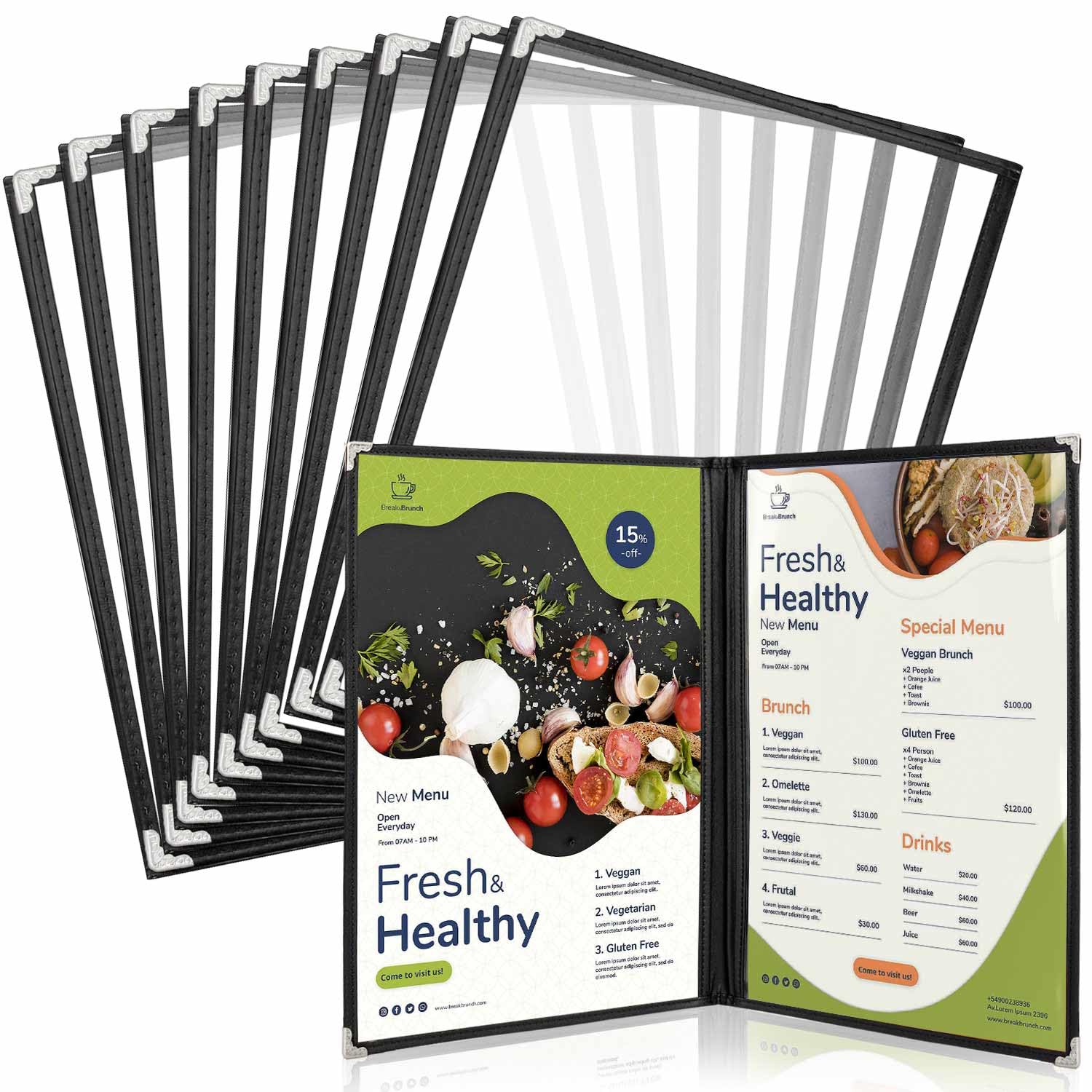 WenYa Copertine per menù in formato A4 a doppia piega (confezione da 10), 2 pagine e 4 visualizzazioni in stile americano, con bordi neri, trasparenti, pieghevoli, con protezioni angolari in acciaio