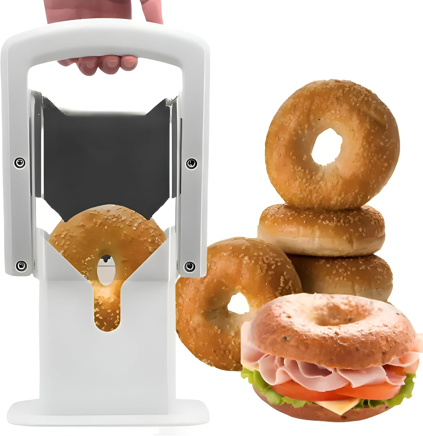 “EverDwell Bagel Slicer Guillotine – Adjustable Bagel Cutter with Stainless Steel Blade, Safety Guard & Non-Slip Base – Fits Large Bagels, Rolls & Bread (White)”