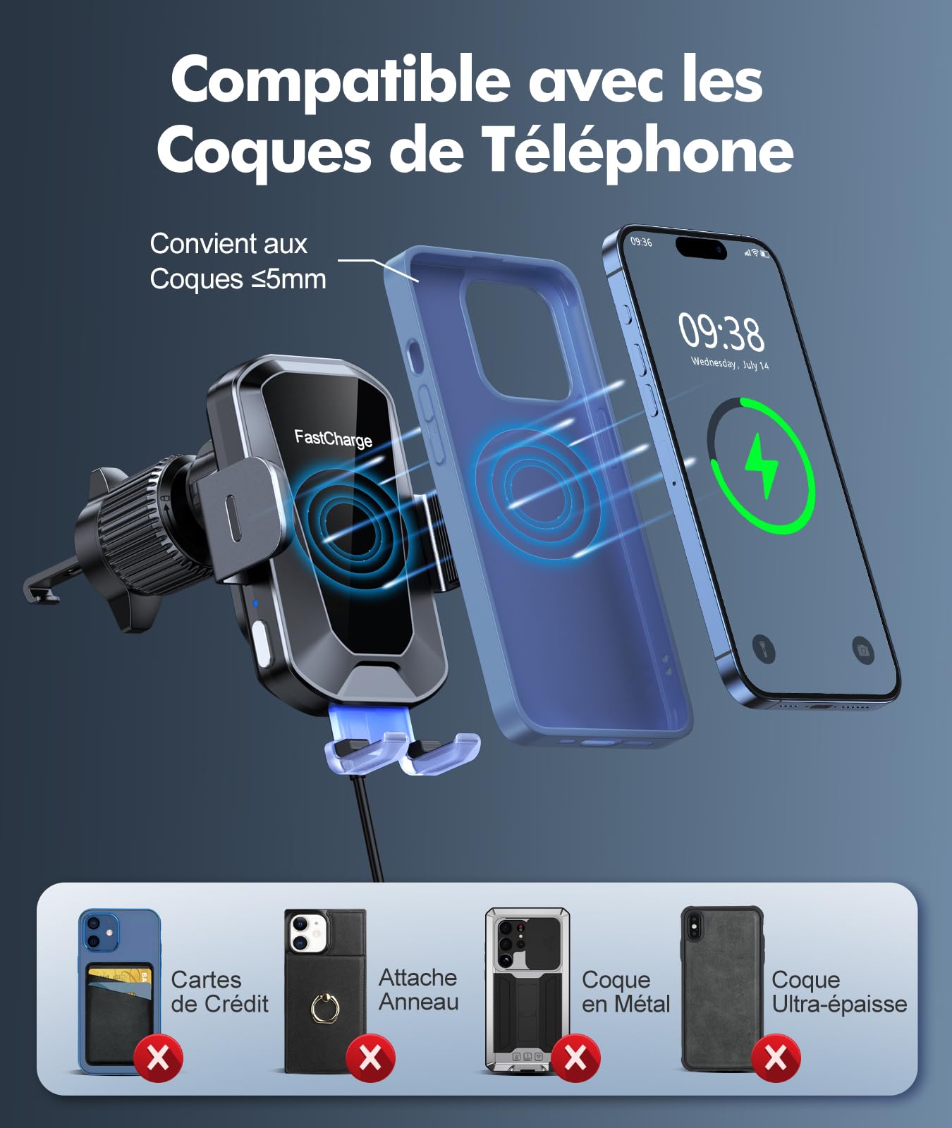 EOIWUY Support Telephone Voiture Induction, 15W Chargeur Induction Voiture Rapide sans Fil 【Serrage Automatique & Rotation 360°】 Compatible avec iPhone 17 Pro Max 16/15/14/13, Galaxy S24/S23/S22, etc