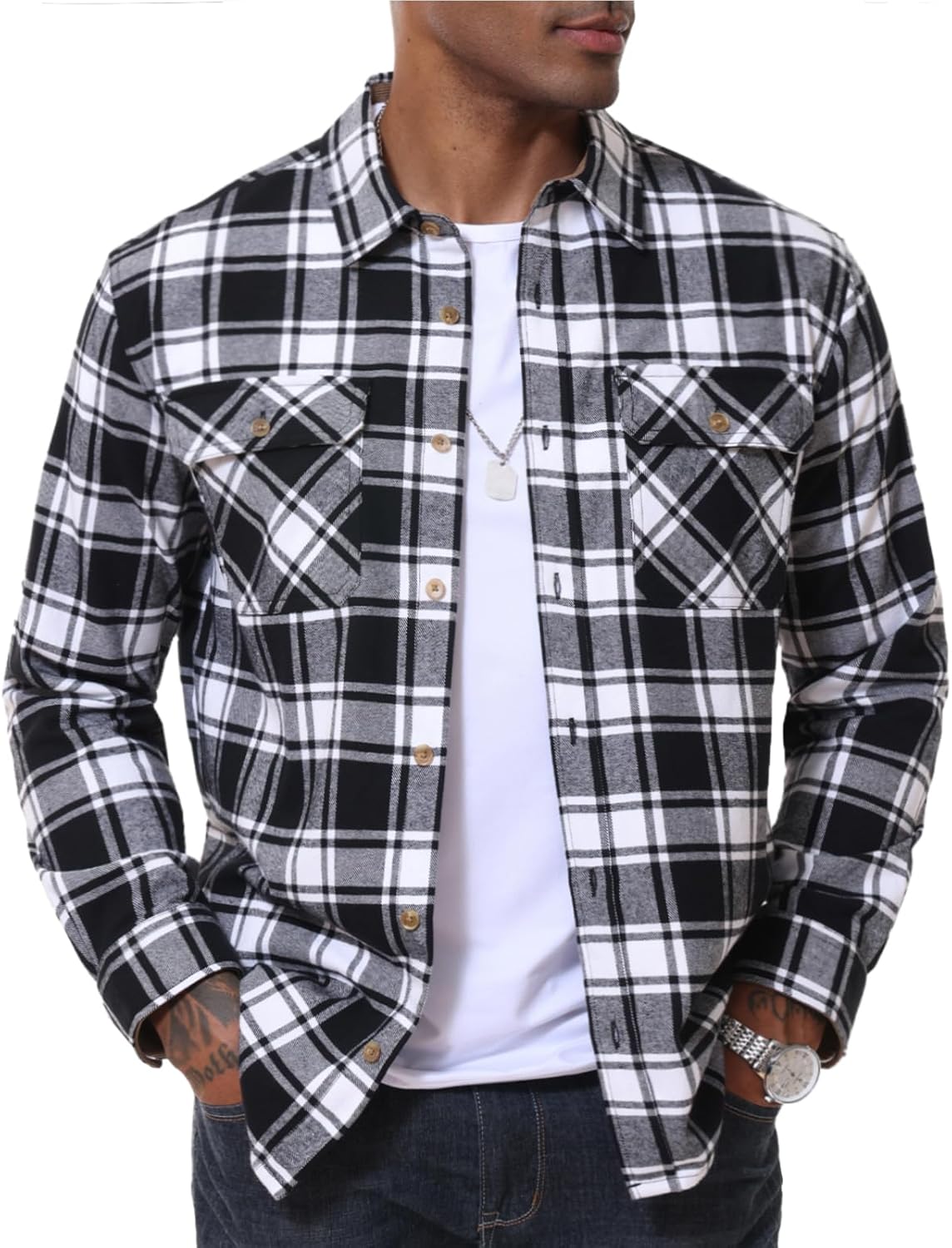 MAGNIVIT Flannel Shirt for Men Plaid Button Down Shirt Casual Lightweight Cotton Shirt with 2 Chest Pockets