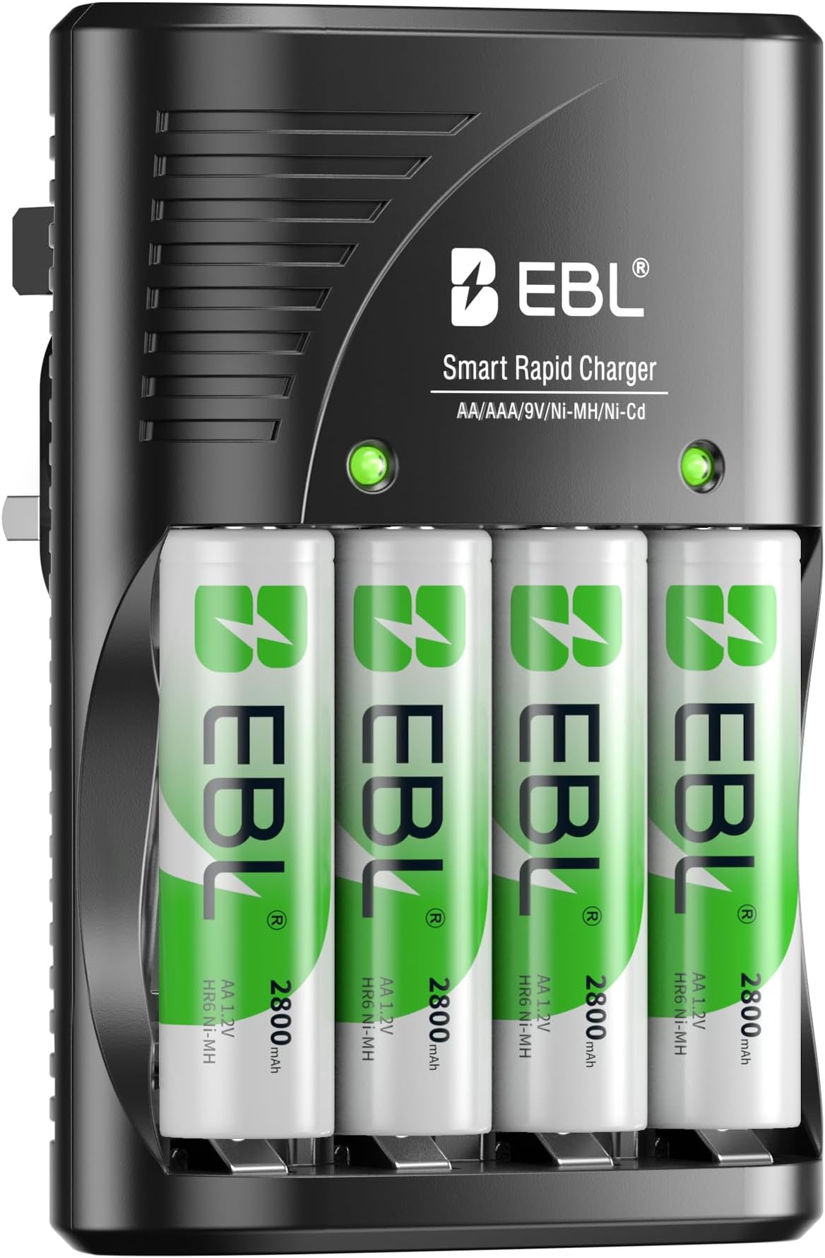 AA Rechargeable Batteries 2800mAh 4-Pack and Smart Battery Charger with AC Wall Plug for AA AAA Ni-MH Ni-CD Rechargeable Batteries and 9V Batteries