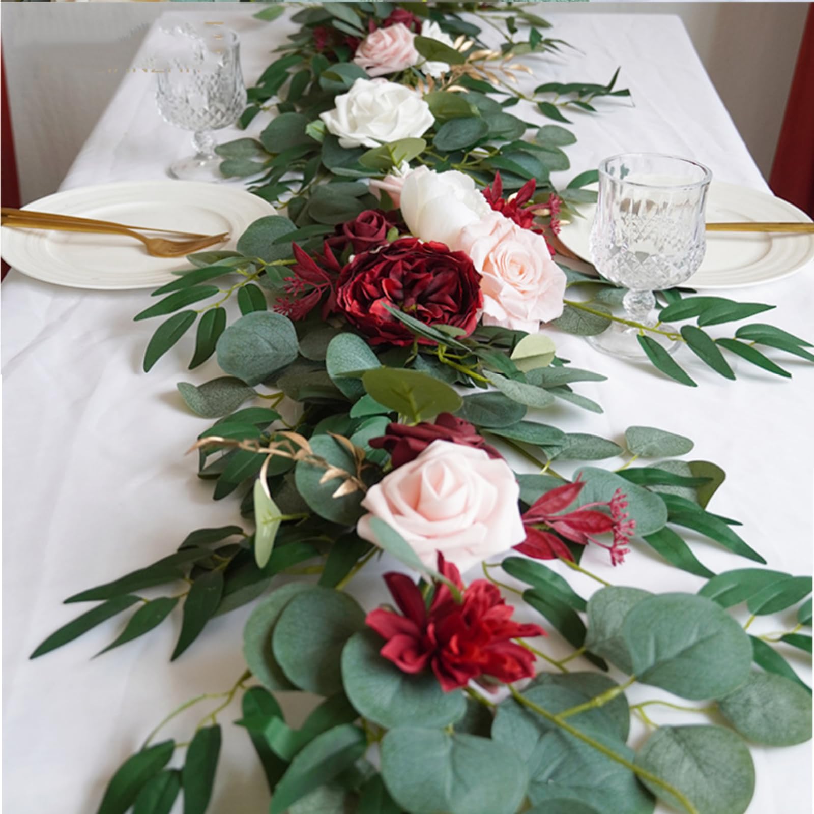 Hochzeit Rosenrebe Girlanden, 180 cm Künstliche Blumengirlande, Kunstblumen Eukalyptus Girlande Hängende Girlande, Künstliche Pflanze für Hintergrund Party Dekor (Weiß)
