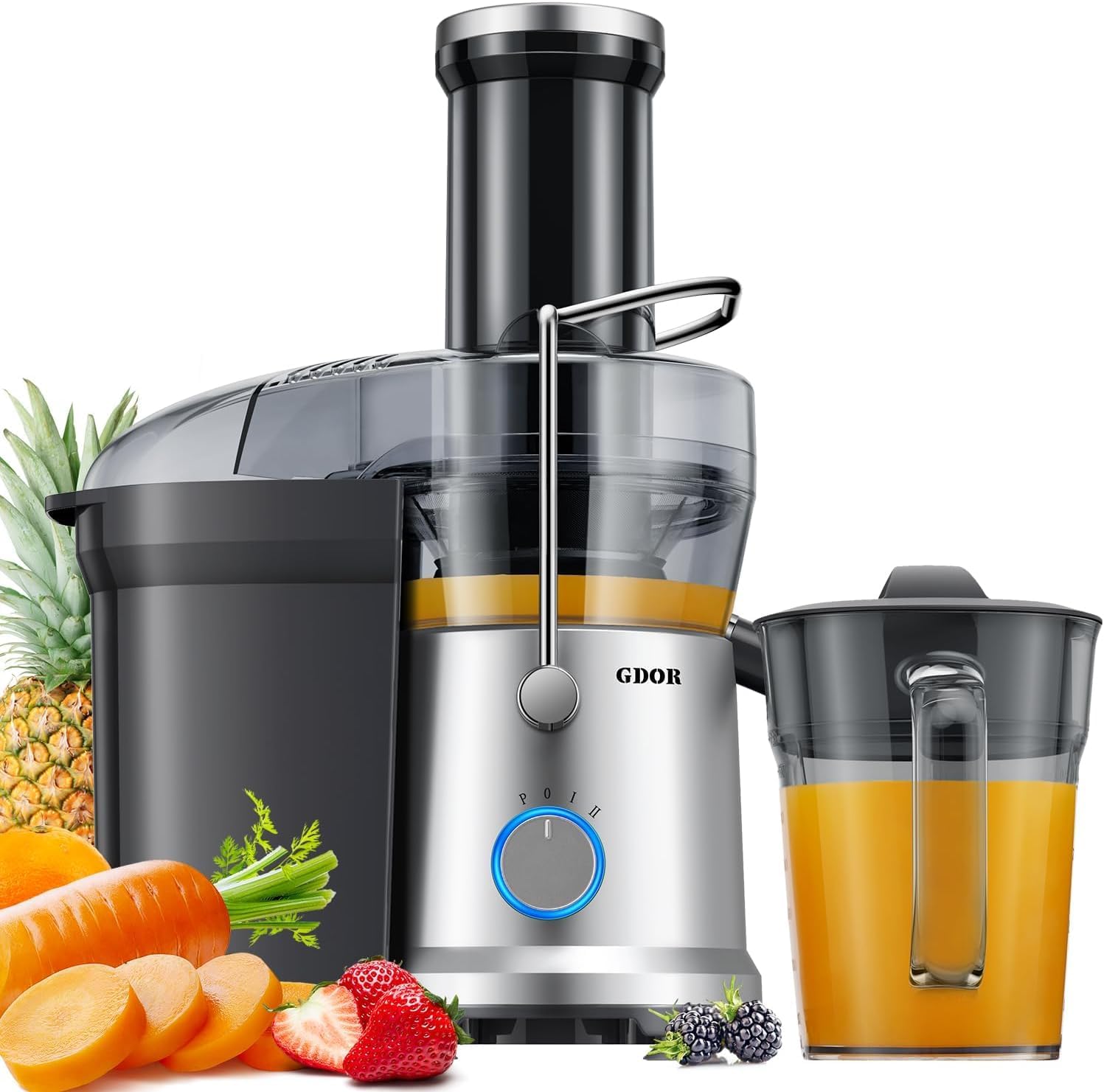 GDOR Spremiagrumi da 1300 W con cassetto extra grande da 81 mm, grande 1,25 l, spremiagrumi per frutta e verdura ad alta resa di succo, spremiagrumi, 3 velocità, facile da pulire, spazzola antigoccia