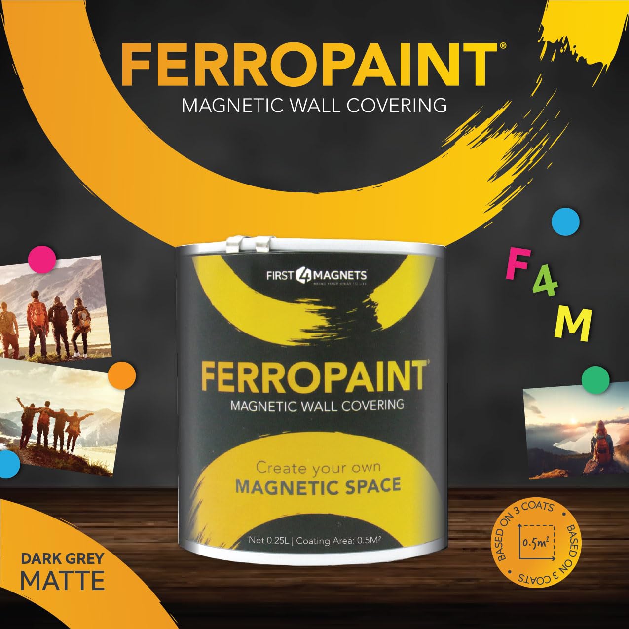 Ferropaint® Charcoal Magnetic Lack Für Wände, Schlafzimmer, Büro, Küche, Spielzimmer, Klassenzimmer, Diy und Renovierung - 0,25 Liter - 5 Dosen