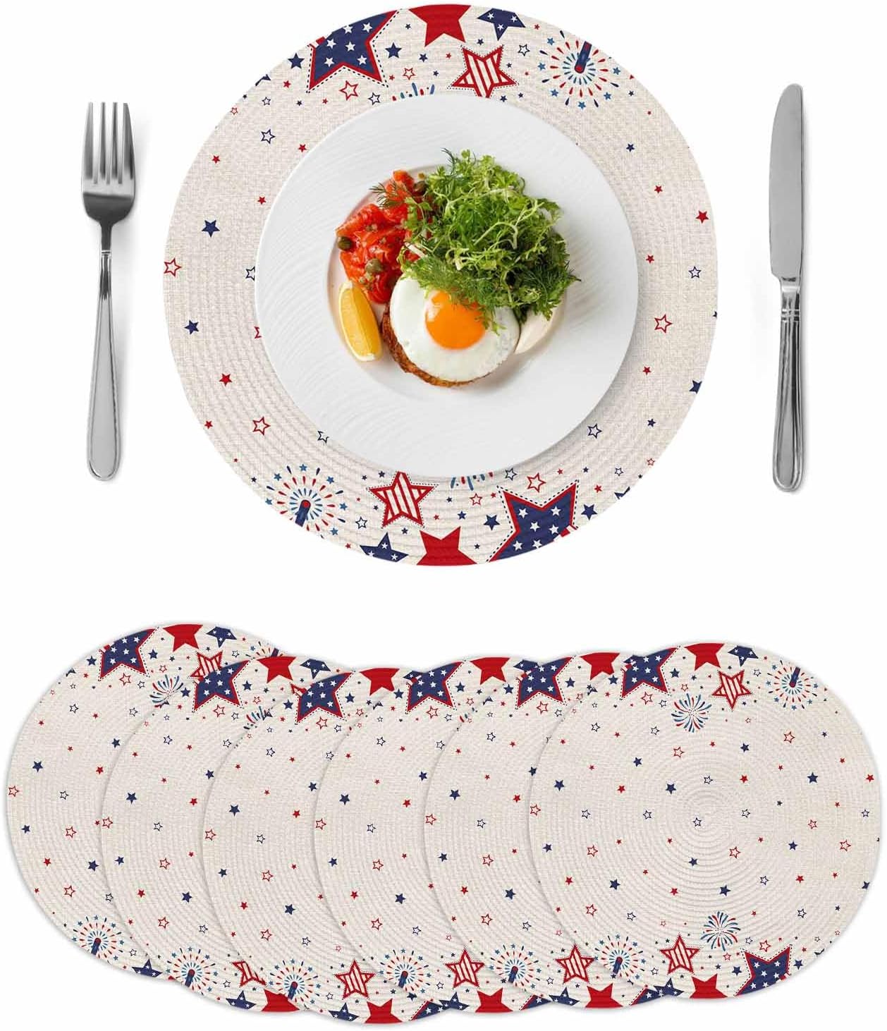 Patriotic Round Braided Placemats Set of 6 4th of July Red Blue Stars Firework American Flag Retro Round Placemats for Dining Tables Kitchen Decoration 15 inch Star Round Table Mats