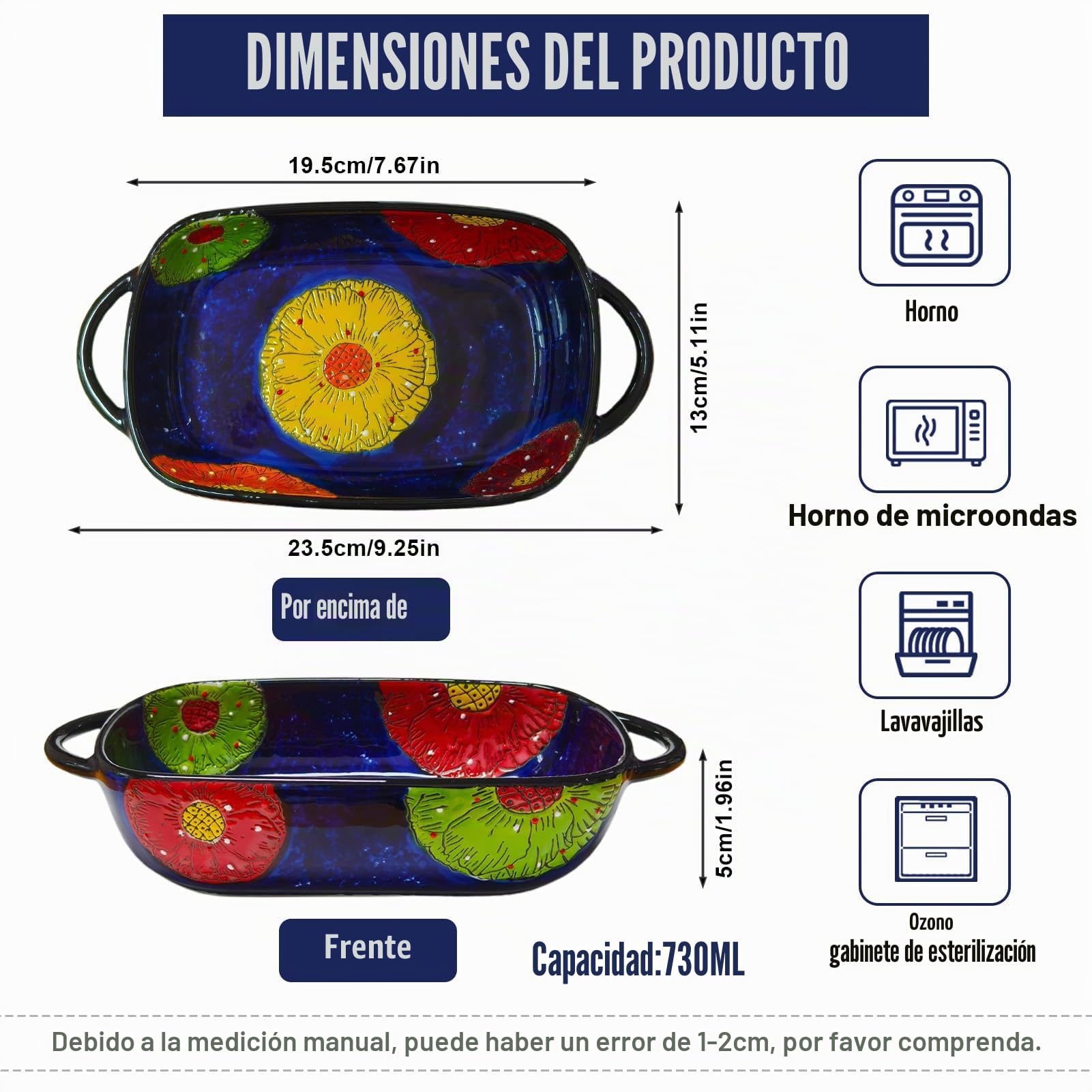 Fuente rectangular de cerámica para lasaña, con 2 asas y diseño vintage de flores, para horno, microondas y lavavajillas, ideal para lasaña, cazuela y tiramisú (amarillo)