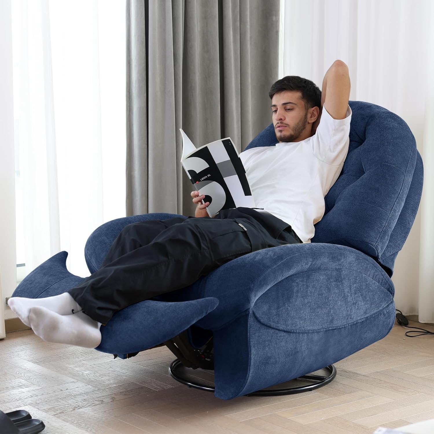 EONIX Stylish Power Swivel Rocker Recliner Chair for Living Room, Rocking All Positions, Dual Motor Independently Controlled Backrest and Headrest, SXXY005021, Navy Blue