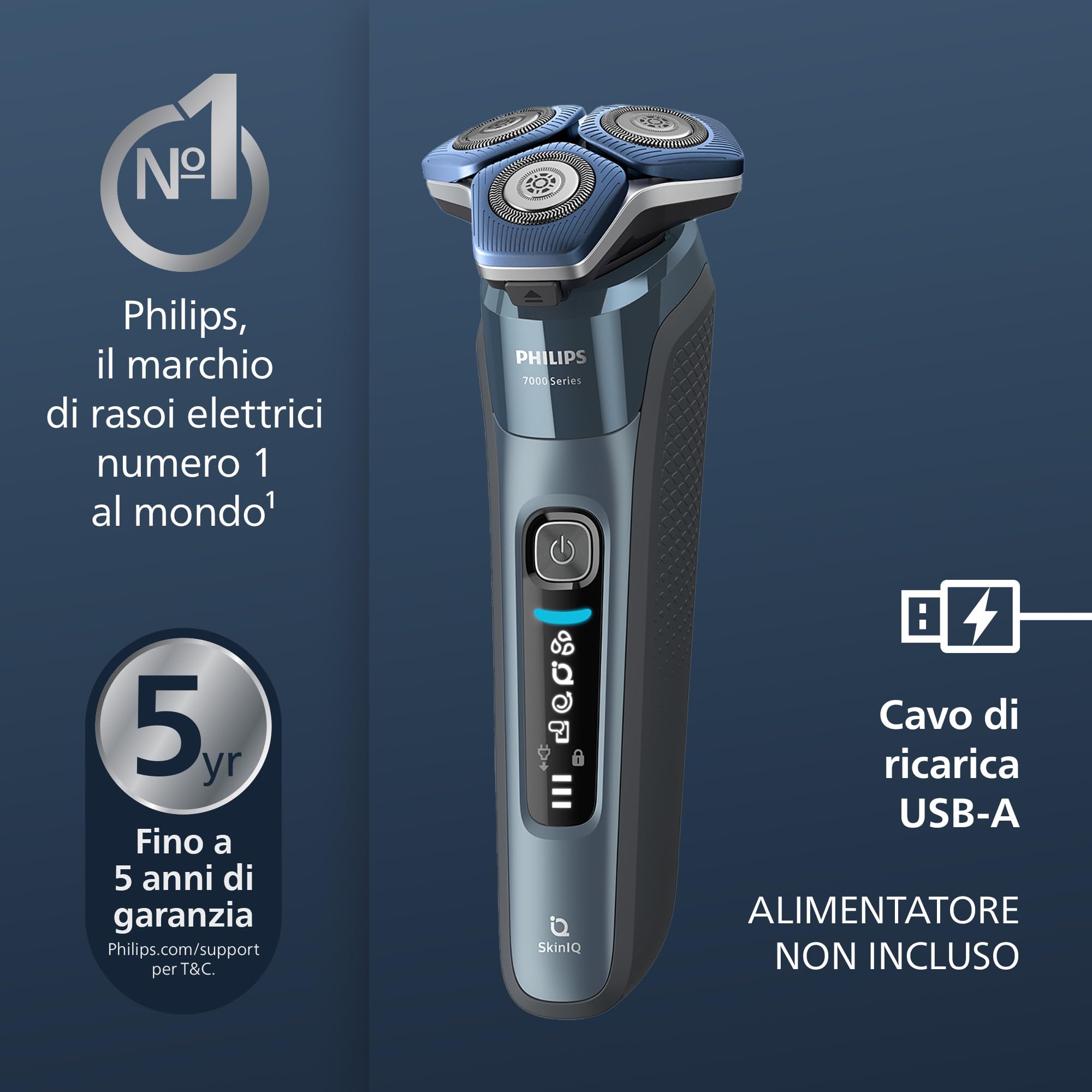 Philips S7000 - Rasoio elettrico Wet & Dry in blu ghiaccio con 1 rifinitore a scomparsa, regolabarba, custodia da viaggio, Quick Clean Pod e supporto di ricarica (modello S7882/54)