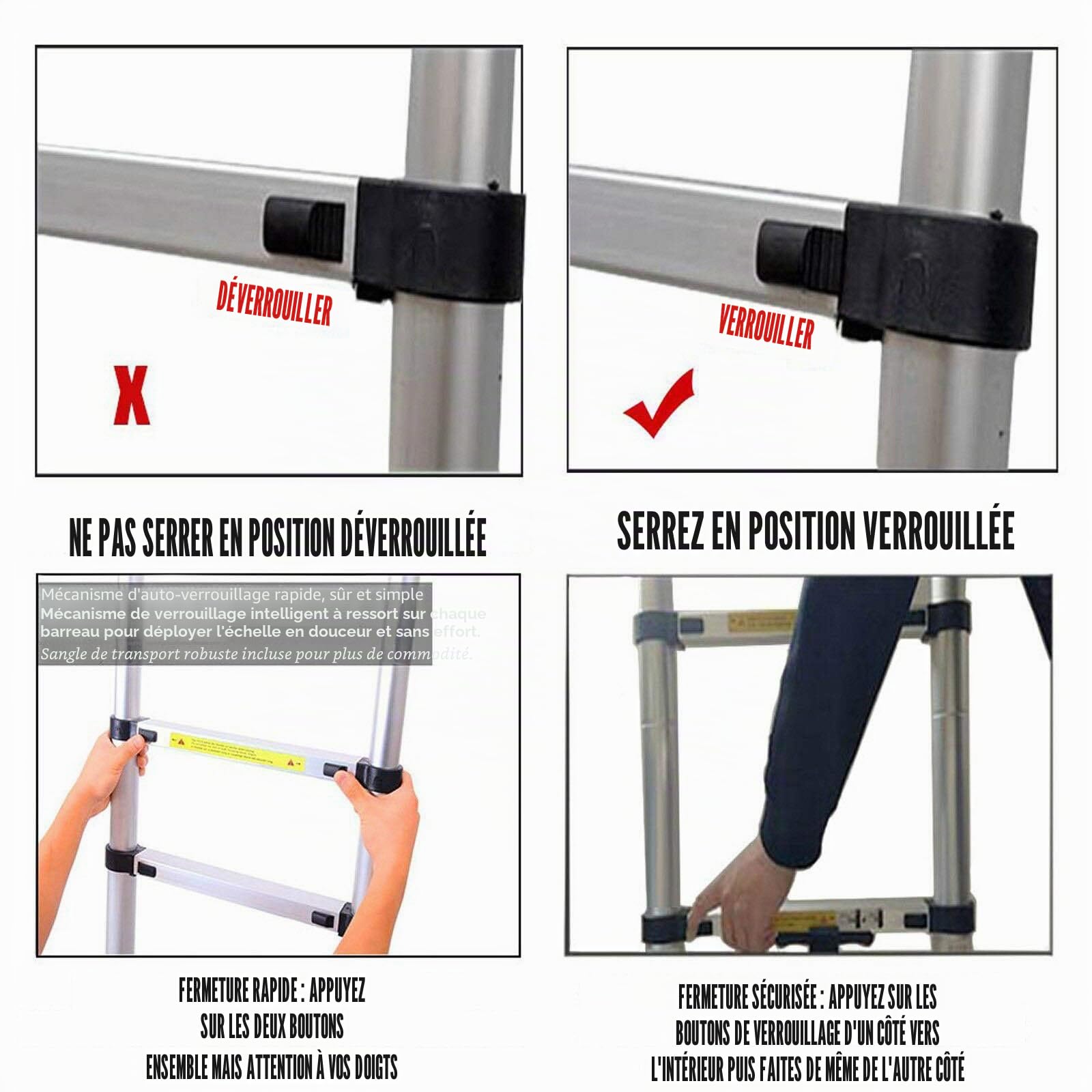 Échelle télescopique télescopique en aluminium de 3 m, capacité de 150 kg, échelle de grenier portable légère pliable avec pieds en caoutchouc antidérapants, échelle multifonction EN131