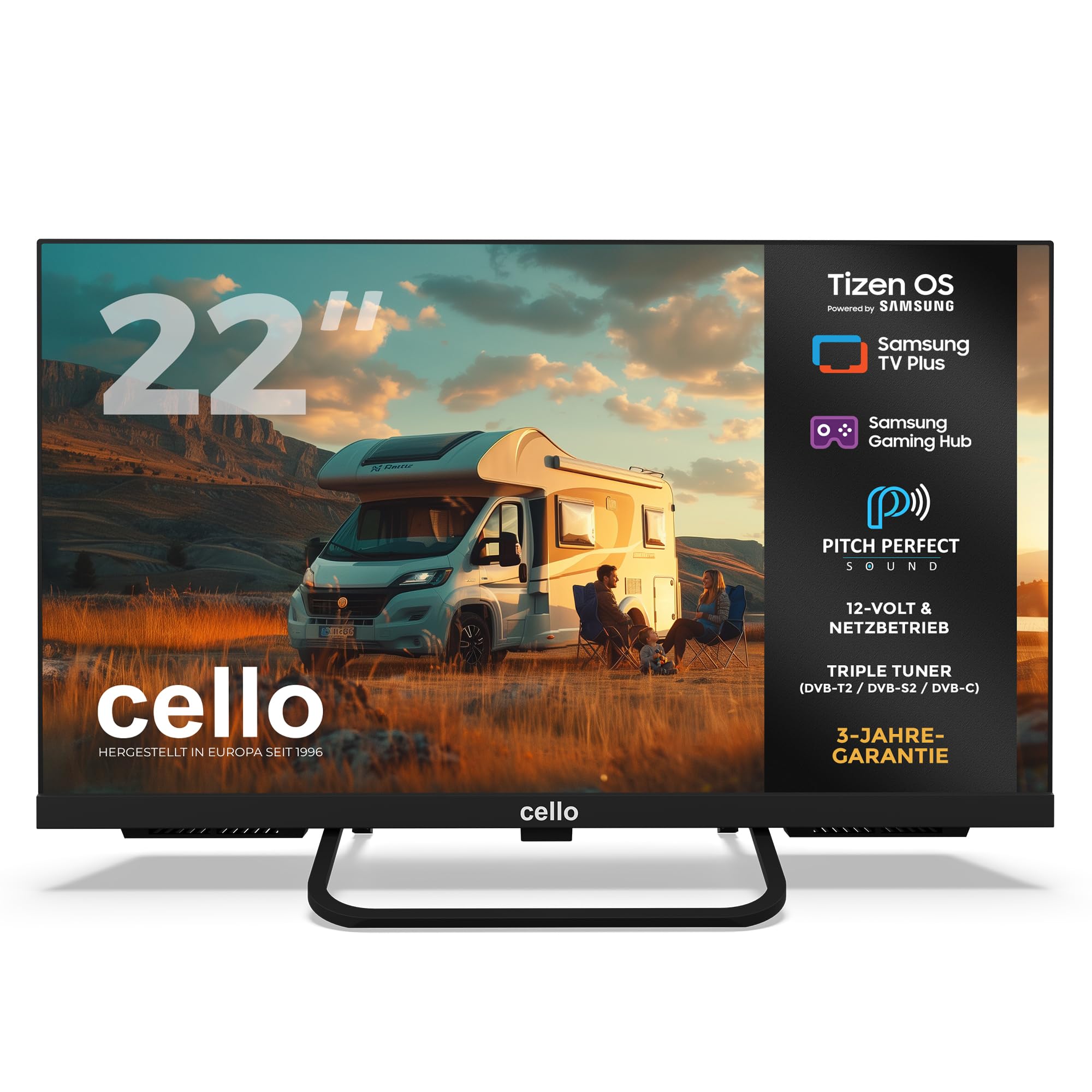 Cello CTRAV-22TZ 22" Smart 12V Traveller-TV mit Tizen OS von Samsung, Satellitenempfang, Gaming Hub, Pitch Perfect Lautsprecher, Bluetooth, ideal für Wohnmobile und Boote, Triple-Tuner
