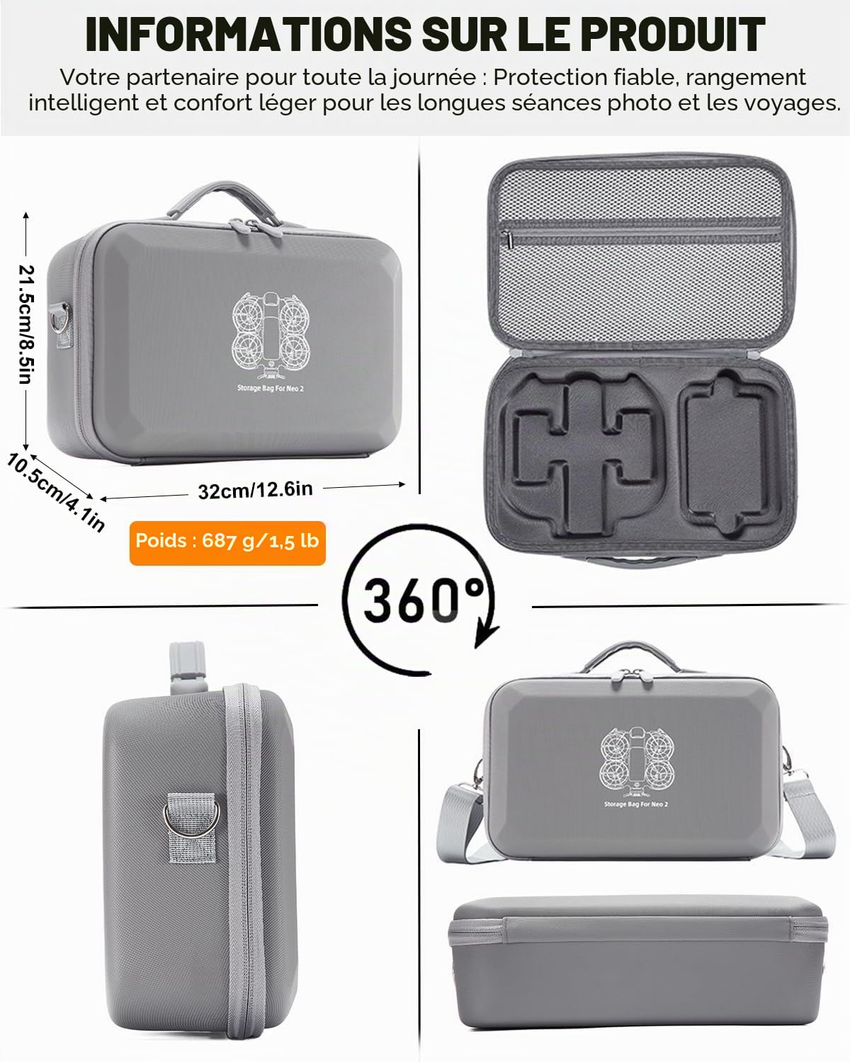 Étui de transport rigide pour drone DJI Neo 2 Fly More Combo, sac à bandoulière étanche de voyage et de rangement pour DJI Neo 2 RC-N3 contrôleur, chargeur de batterie et accessoires