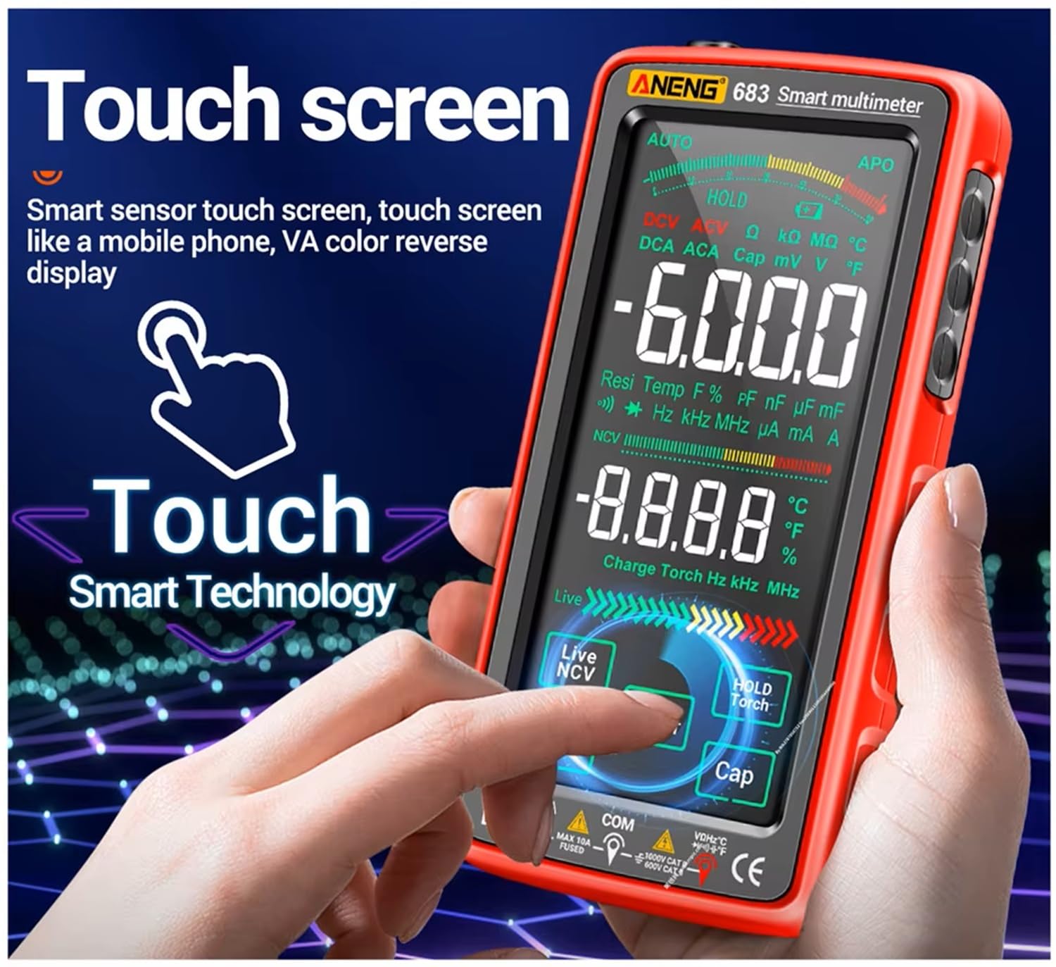 Multimetro digitale professionale ricaricabile 681 - Tester di scansione automatica RMS 6000 Count con rilevamento della tensione senza contatto, schermo LCD retroilluminato e torcia elettrica