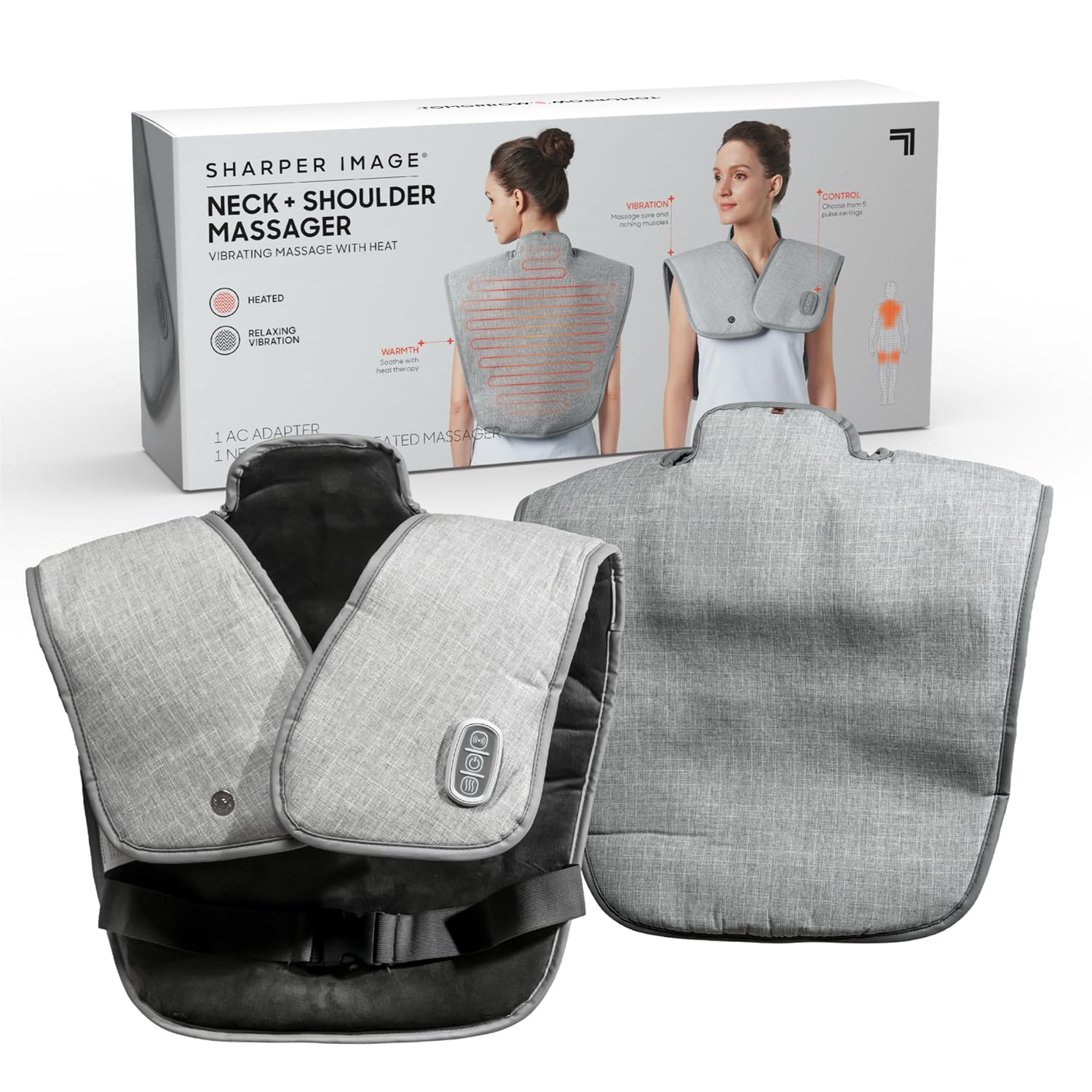 SHARPER IMAGE - Wrap Epaules Et Cou Vibrant - 5 Modes De Massage - Douleurs Musculaires - Coussin Massant Chauffant - Massage Et Relaxation - Cadeau Femme - Cadeau Homme