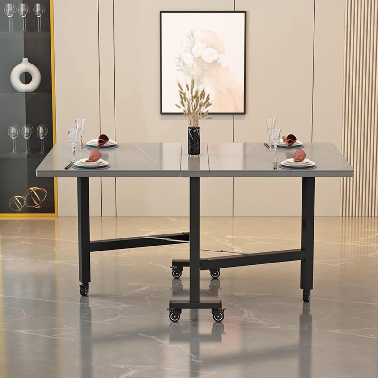 Table de salle à manger extensible avec 6 roulettes – Table de salle à manger en ardoise peu encombrante pour une utilisation polyvalente