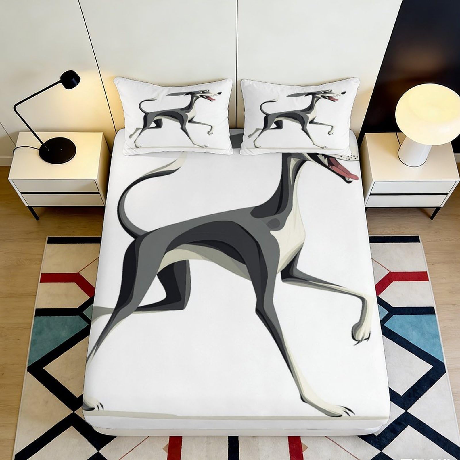 3D Printed Greyhound Pattern Fitted Sheet Deep Pocket Microfiber Bedding Set Non-Slip Greyhound Mattress Fitted Cover Breathable for Home Adult Teen 140x200x25cm