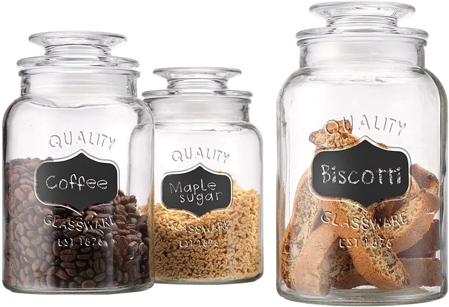 Godinger Airtight Glass Canisters Set of 3 - Round Clear Storage Containers with Sealed Lids, Chalkboard Jar Set of 3, Chalk Included – Perfect Housewarming Gift