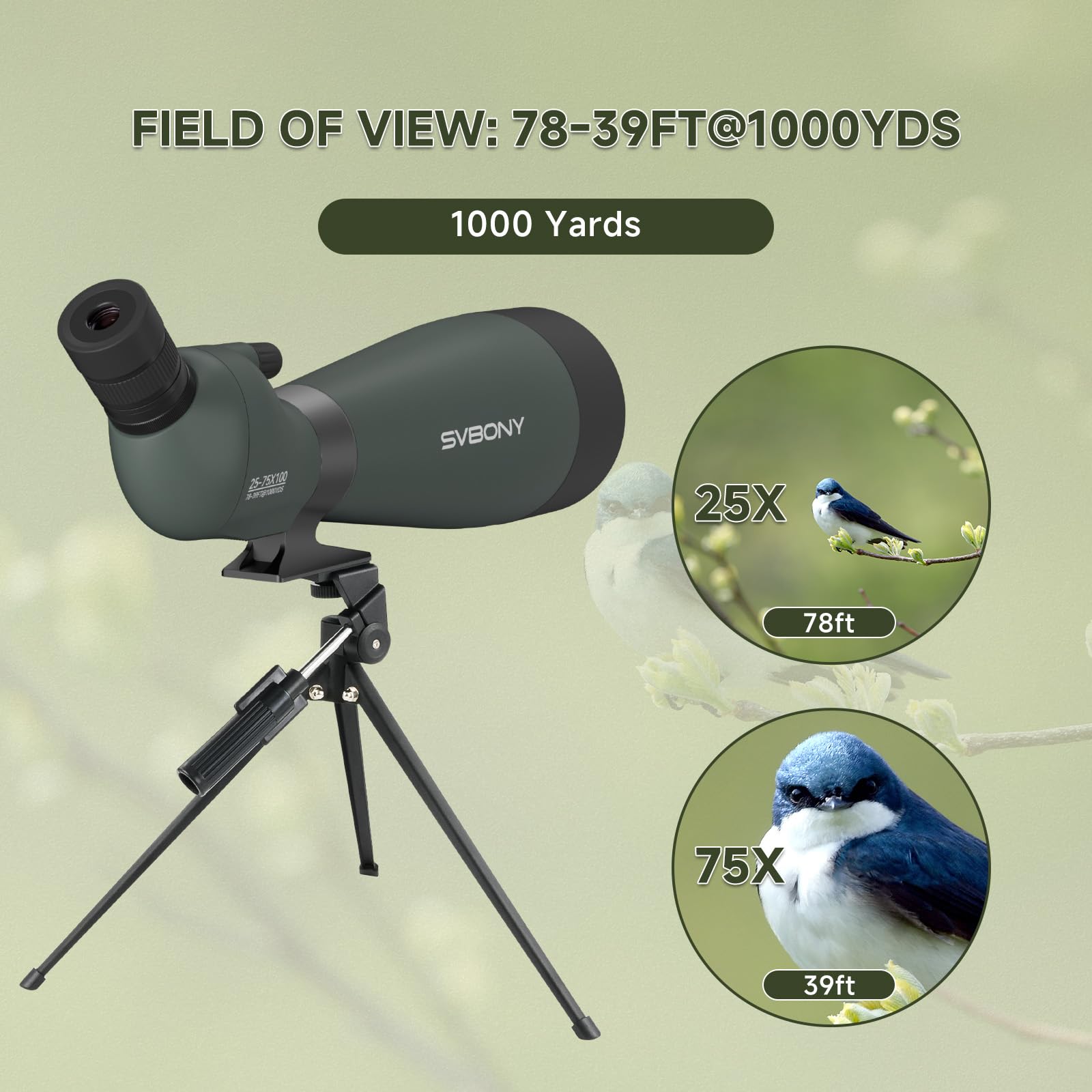 Svbony SV28 25-75x100mm Cannocchiale con Treppiede, Ampio Campo Visivo Immagini Luminose e Chiare, HD Bak4 FMC Telescopio Spotting Scope con Adattatore, per Tiro Bersaglio Osservazione degli Uccelli