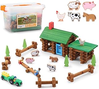 SainSmart Jr. Wooden Logs Set with Container - Classic Building Logs Ages 3+ - Best Retro Building Gift Set for Boys - Creative Construction Engineering Educational Gifts
