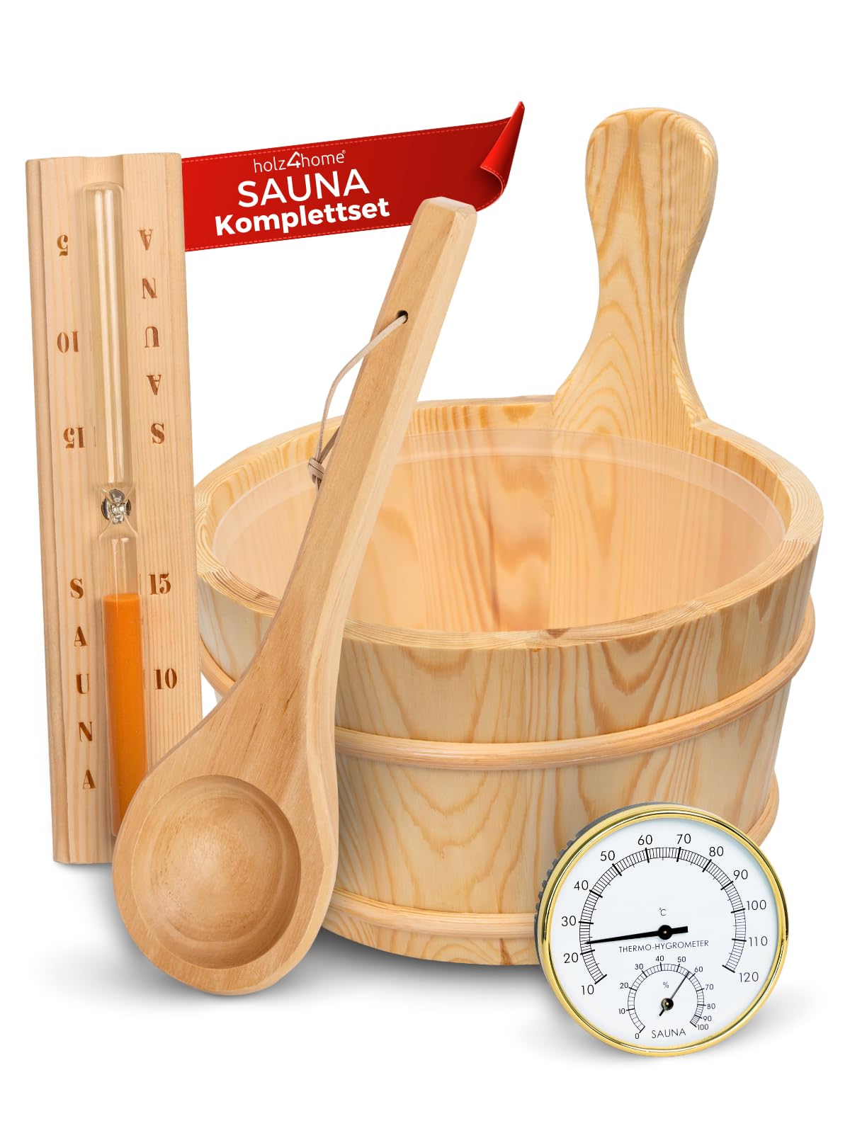 holz4home® Sauna Eimer Set I Hochwertiges Saunazubehör Eimer mit Kelle Sanduhr Thermometer Hygrometer I Hitzebeständiges Sauna Set aus Holz I Komplettset Fasssauna Saunakübel mit Einsatz