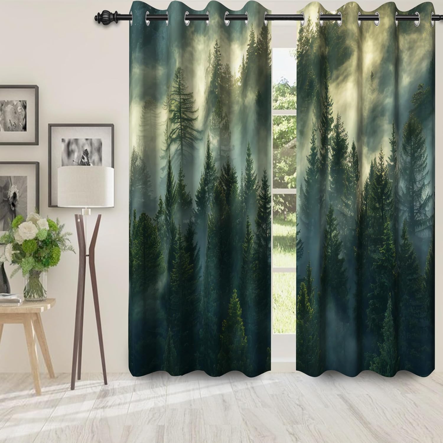 Green Forest Blackout Curtains for Bedroom/Living Room,2 Panels Sets Blackout Window Curtain,Simple Stylish Woodland Mountain Forest Thermal Insulated Printed Curtains with Grommet,42" Wx84 L