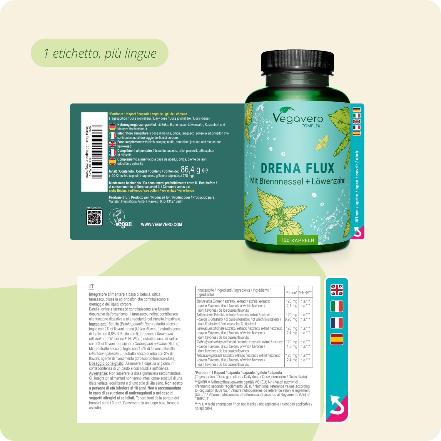 Vegavero DRENANTE Forte | con Pilosella, Tarassaco, Orthosiphon, Ortica e Betulla | 4 Mesi di Fornitura | Diuretico per Ritenzione Idrica Gambe | Natural Detox | Vegan