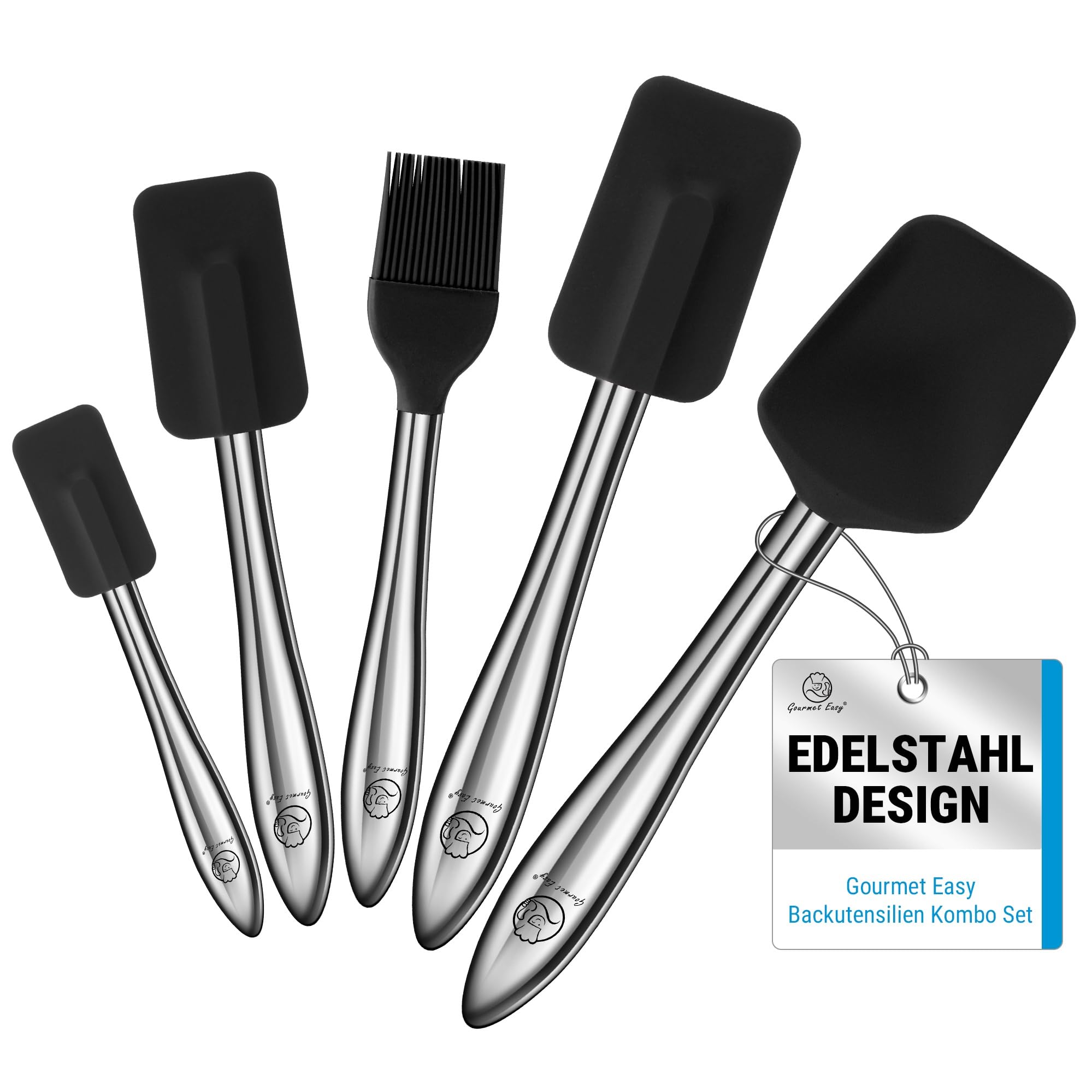 5pcs Silicone Spatula Cooking Utensils Set with Stainless Steel Handles, Premium Heat-Resistant Kitchen Utensils for Baking, Spoonula & Silicone Brush Included, Safe for Nonstick Cookware (Black)