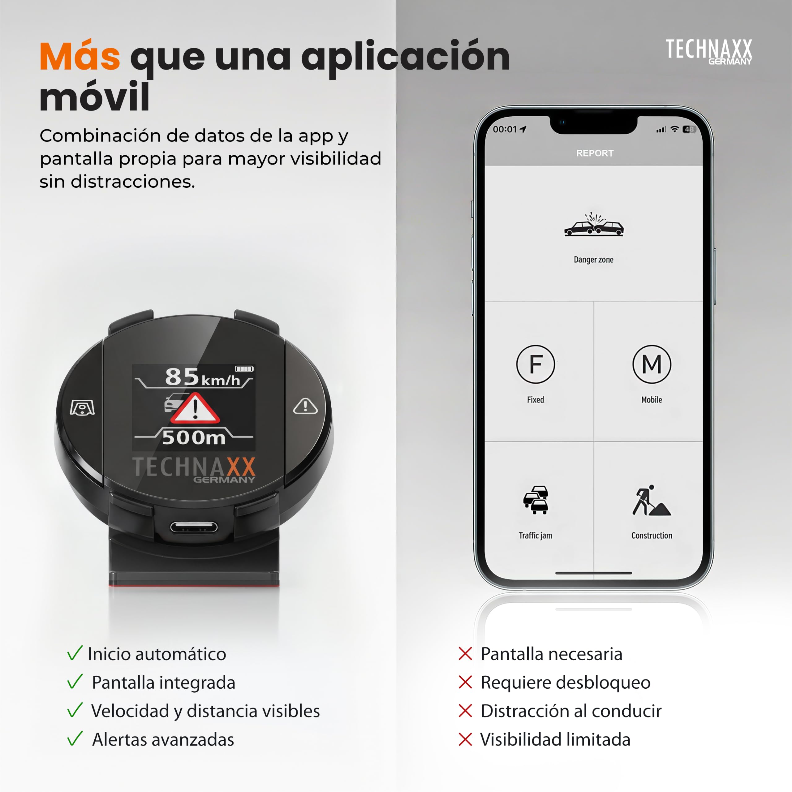 Technaxx Detector de Radar con Blitzer.de – Dispositivo Inteligente de Alertas de Tráfico con Pantalla Integrada, Alertas de Velocidad y Peligros en Tiempo Real, Activación Automática - TX-388