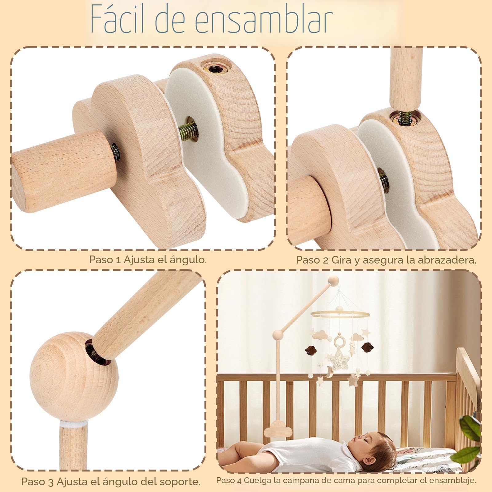 Farerkass Soporte Móvil para Bebé, Soporte de Madera para Cuna, Altura Ajustable, Brazo Móvil de Cuna Extraíble, Ideal para Campanas de Viento, Juguetes y Decoración de Habitación Infantil