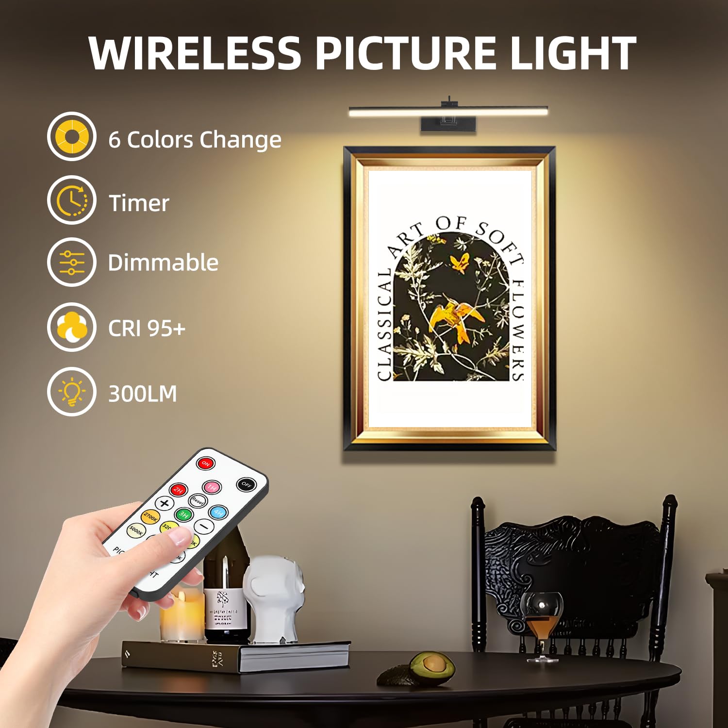 Luci per immagini a 6 colori a batteria con telecomando, luci da pittura ricaricabili wireless da 40,6 cm con timer per parete, luci dimmerabili da 6 CCT per bersagli per gallerie d'arte, confezione