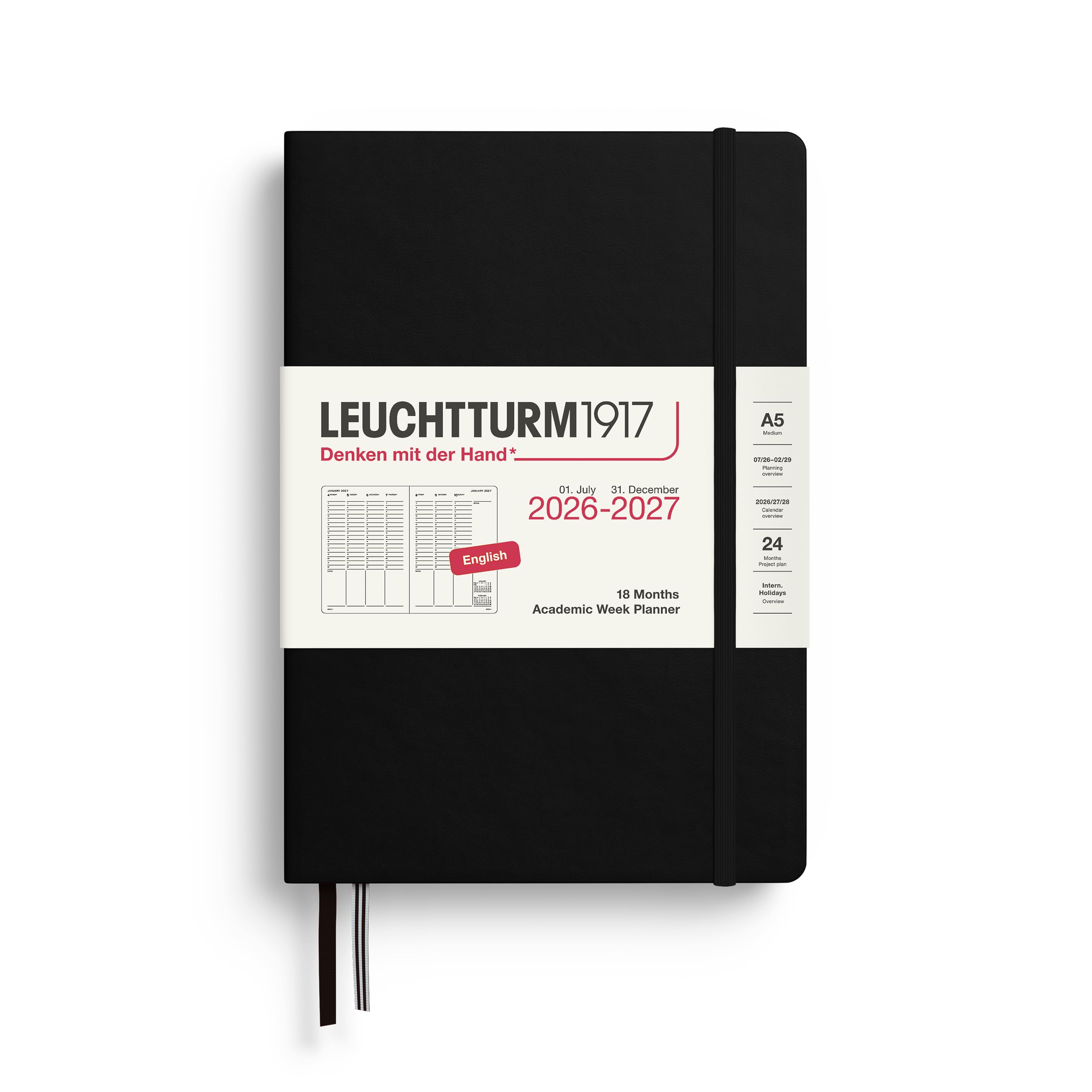 LEUCHTTURM1917 - Agenda settimanale accademica media, copertina rigida, formato A5, 18 mesi, luglio 2026 - dicembre 2027, inglese, nero