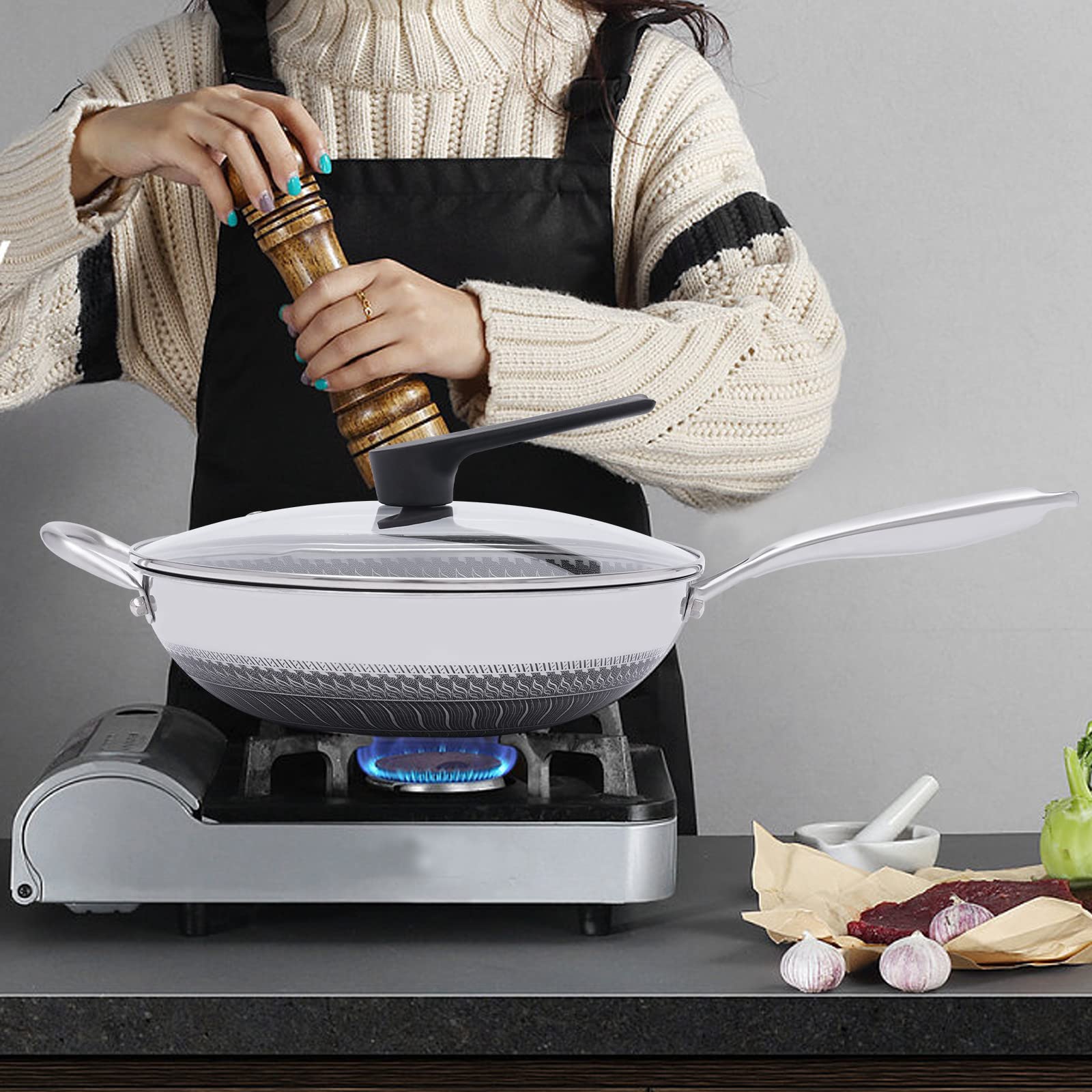 Wok a induzione, 30 cm, antiaderente, a nido d'ape, con coperchio, in acciaio inox, lavabile in lavastoviglie, adatta al forno, adatta per tutti i tipi di piani cottura