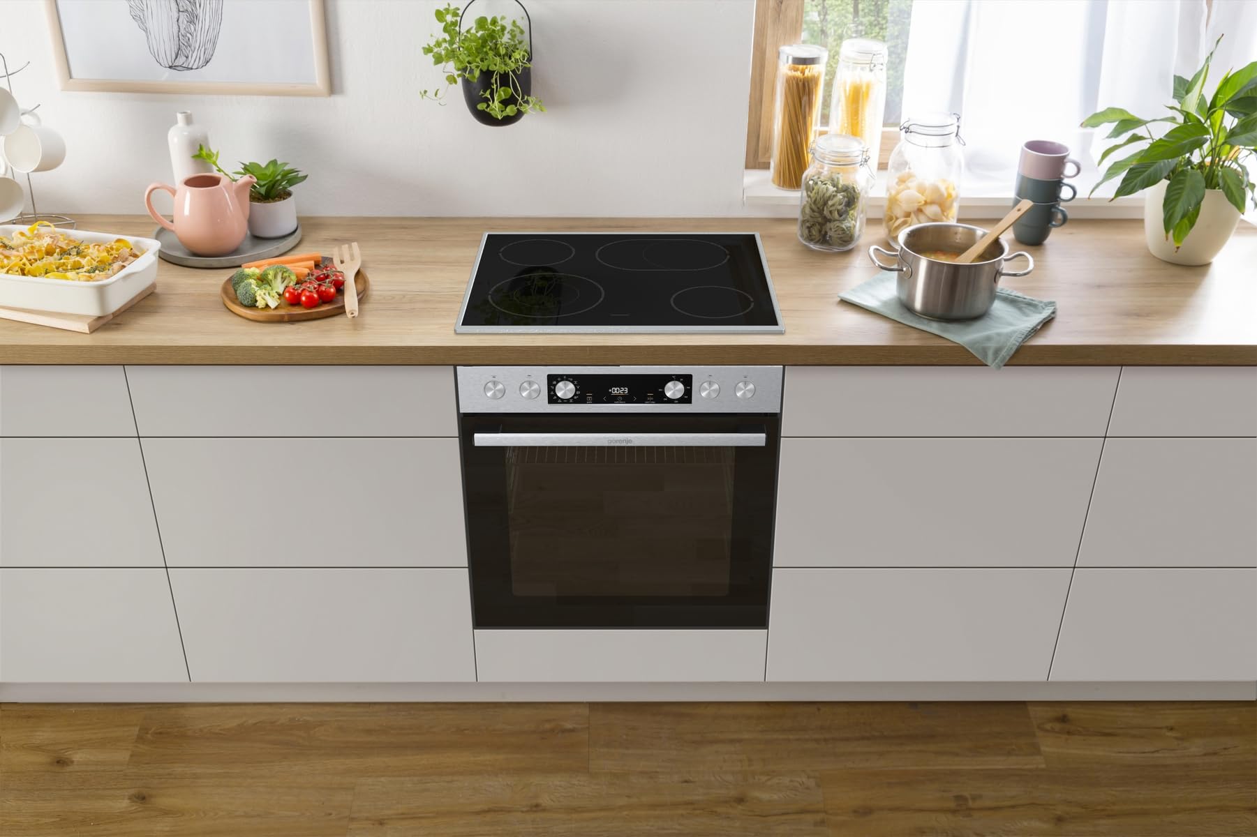 Gorenje Einbauherd-Set Heißluft 77L Glaskeramik-Kochfeld Inox ExtraSteam GentleClose EcoClean AirFry PizzaMode PerfectGrill Teleskopauszüge